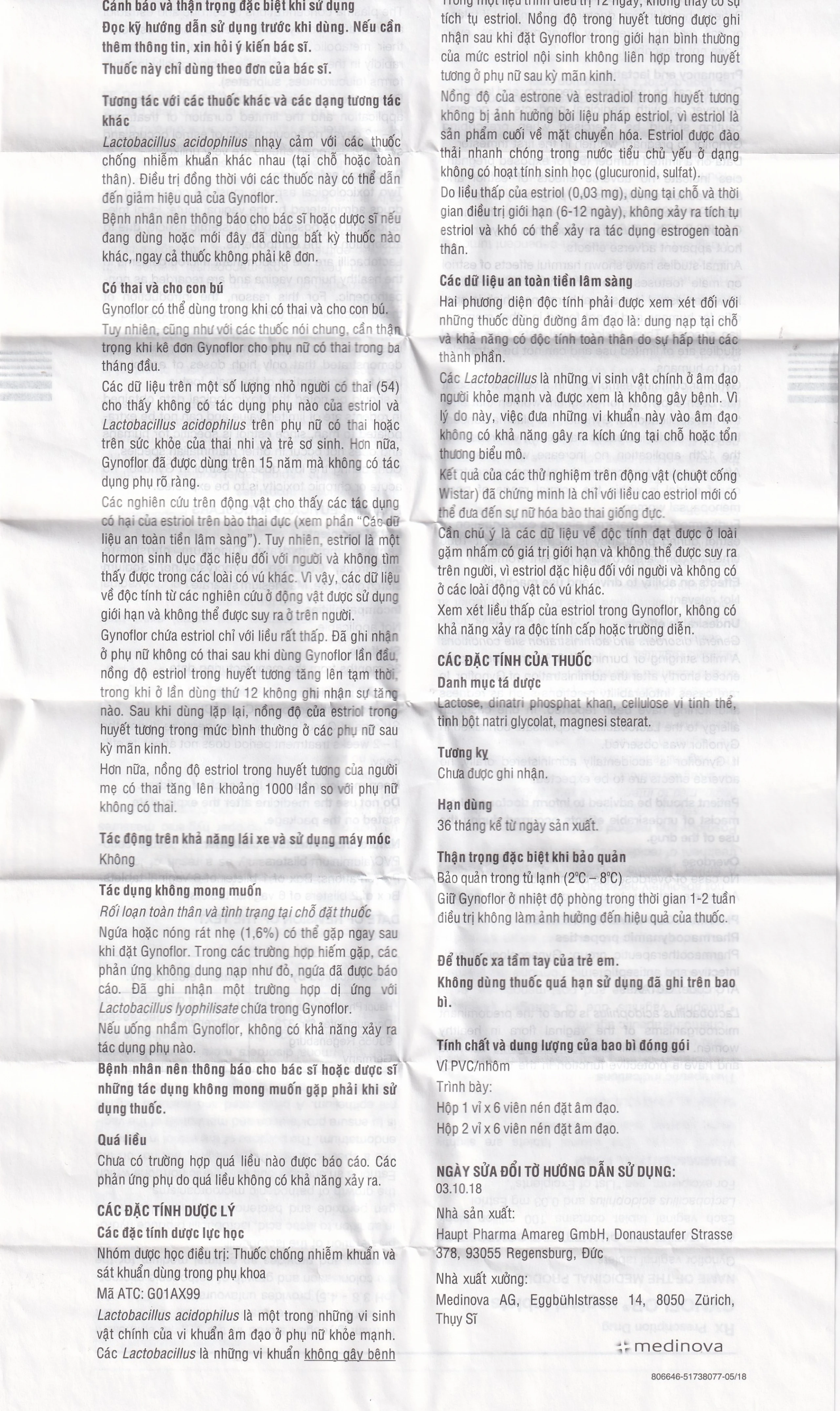 Viên đặt âm đạo Gynoflor Medinova điều trị nhiễm khuẩn âm đạo (1 vỉ x 6 viên)