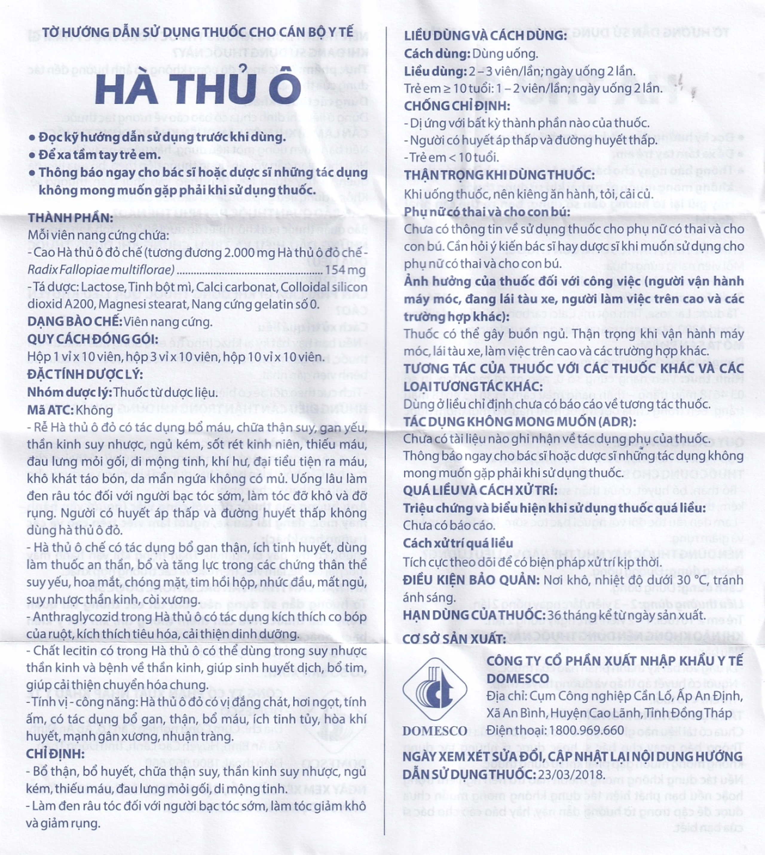 Thuốc Hà Thủ Ô Domesco bổ thận, bổ huyết, chữa thận suy (3 vỉ x 10 viên)