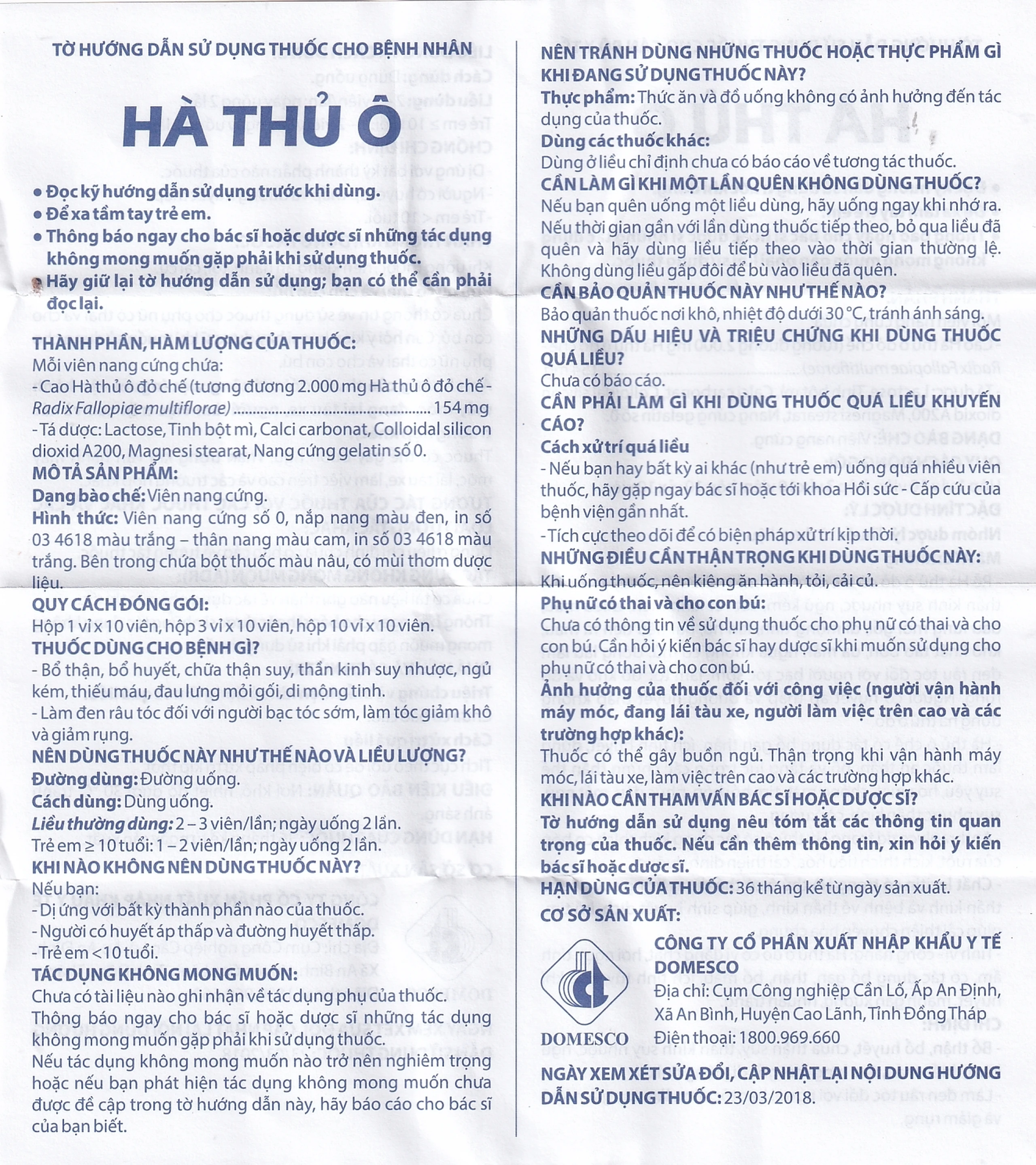 Thuốc Hà Thủ Ô Domesco bổ thận, bổ huyết, chữa thận suy (3 vỉ x 10 viên)