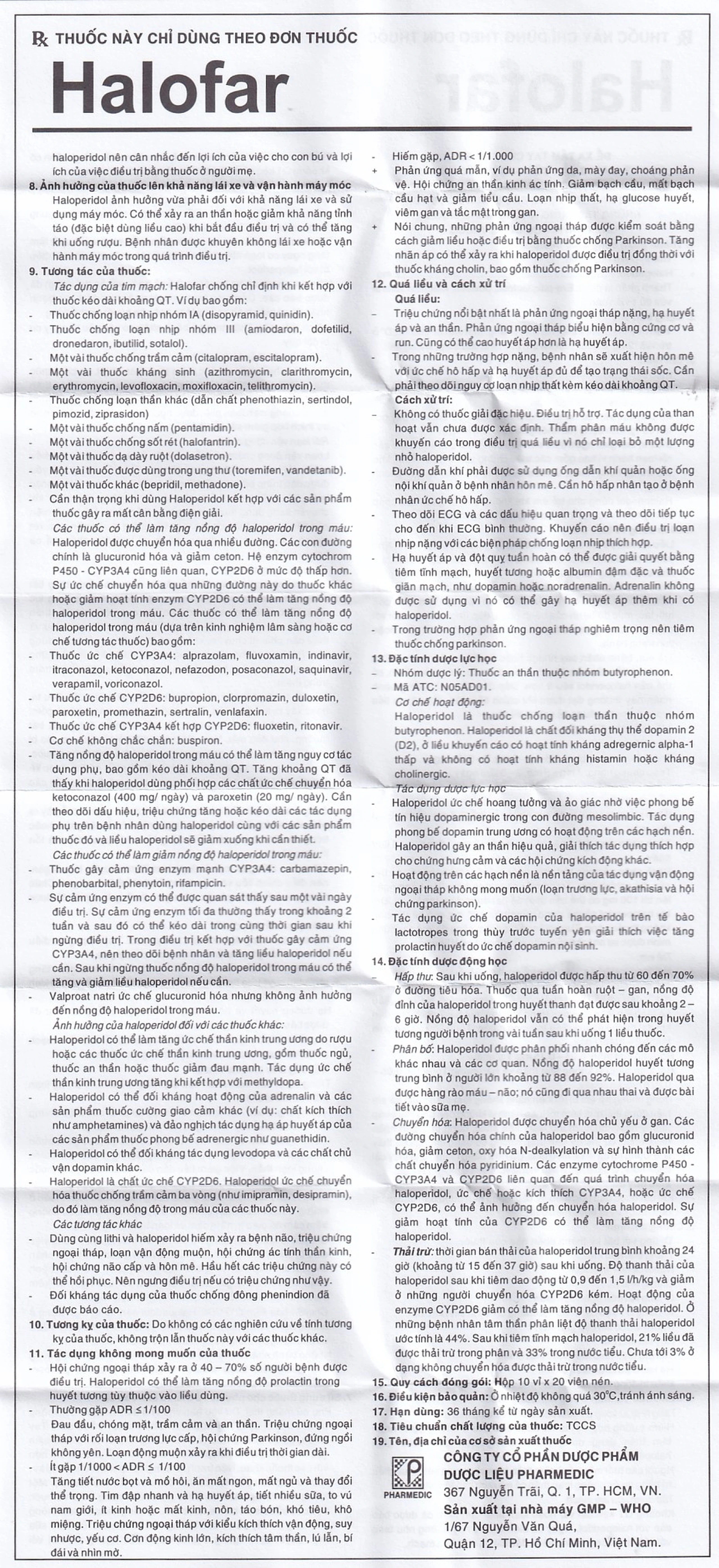 Thuốc Halofar Pharmedic điều trị các biểu hiện rối loạn tâm thần (10 vỉ x 20 viên)