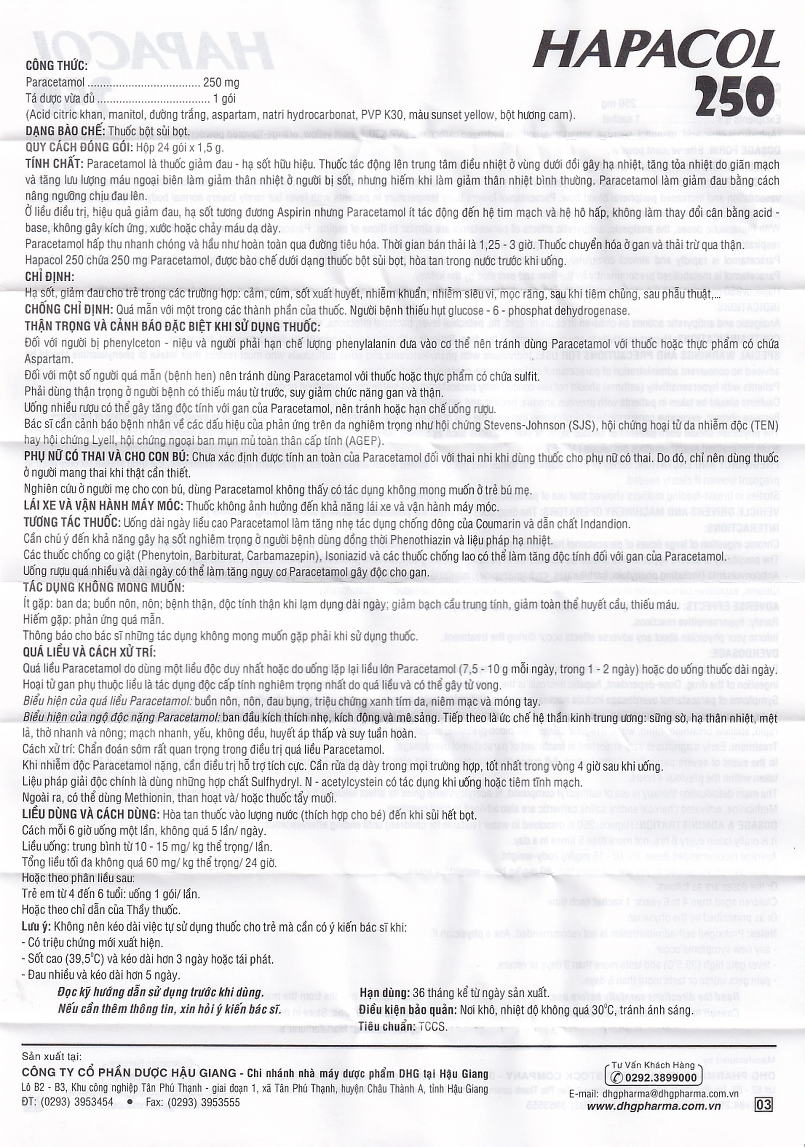 Bột Hapacol 250 DHG giảm đau, hạ sốt (24 gói)