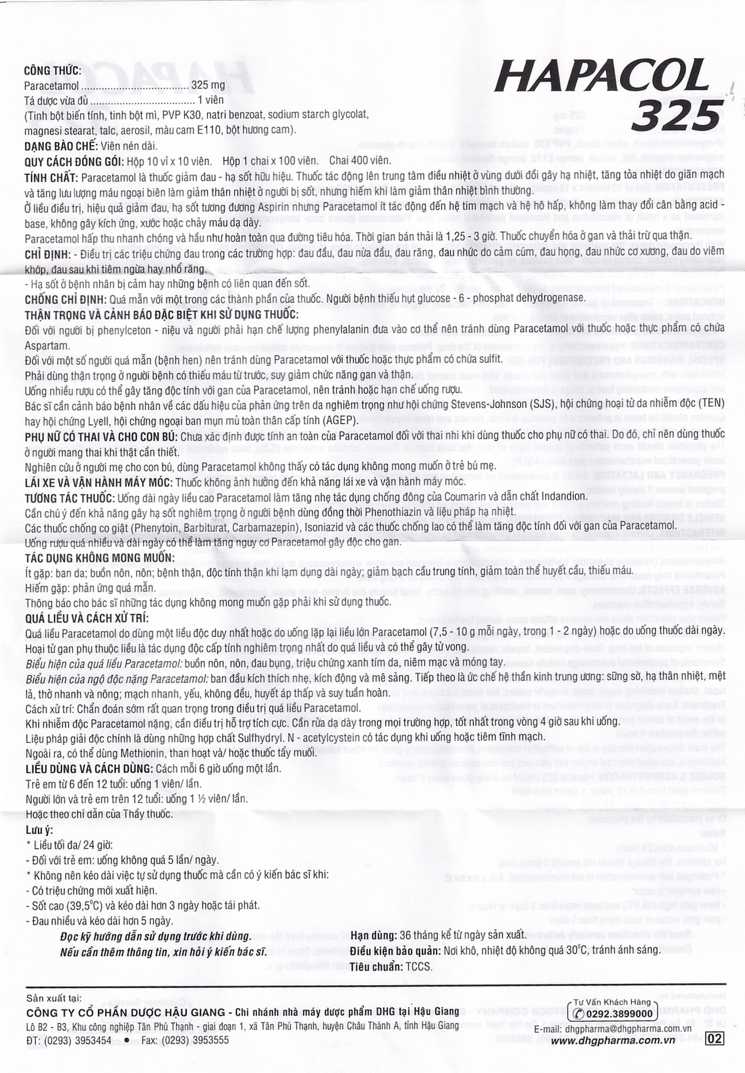Thuốc Hapacol 325 DHG điều trị đau đầu, đau nửa đầu, đau răng (10 vỉ x 10 viên)