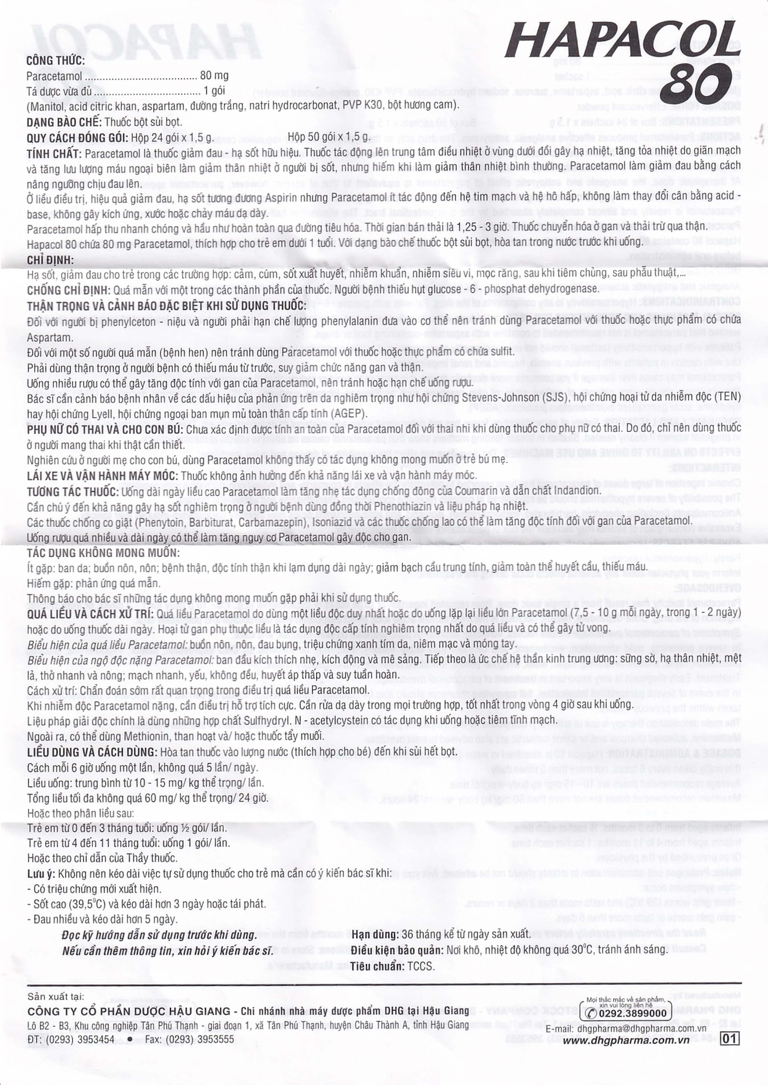 Bột Hapacol 80 DHG giảm đau, hạ sốt (24 gói)