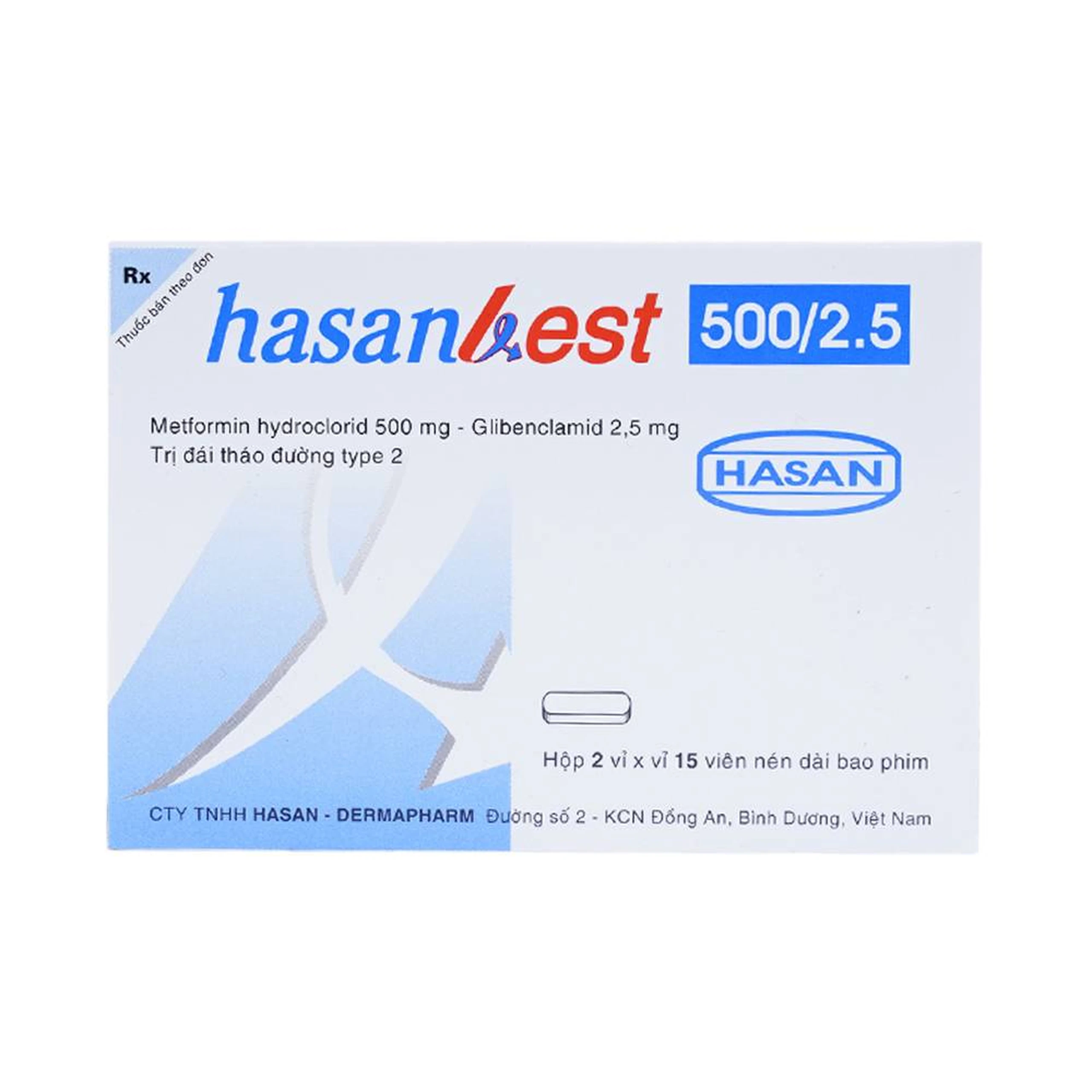 Thuốc Hasanbest 500/2,5 Hasan điều trị đái tháo đường típ 2 (2 vỉ x 15 viên)
