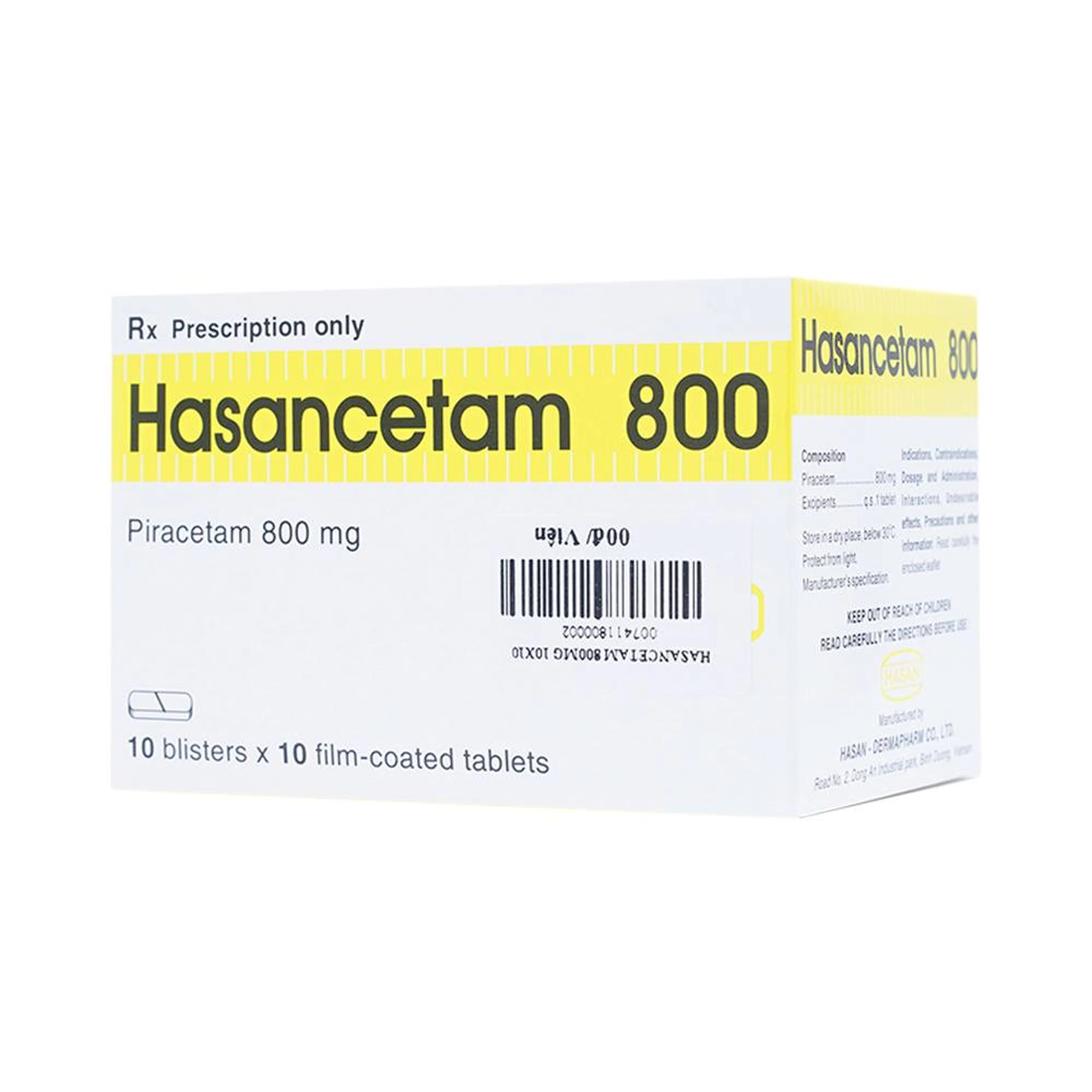Thuốc Hasancetam 800 Hasan điều trị rối loạn chức năng não, suy giảm trí nhớ (10 vỉ x 10 viên)