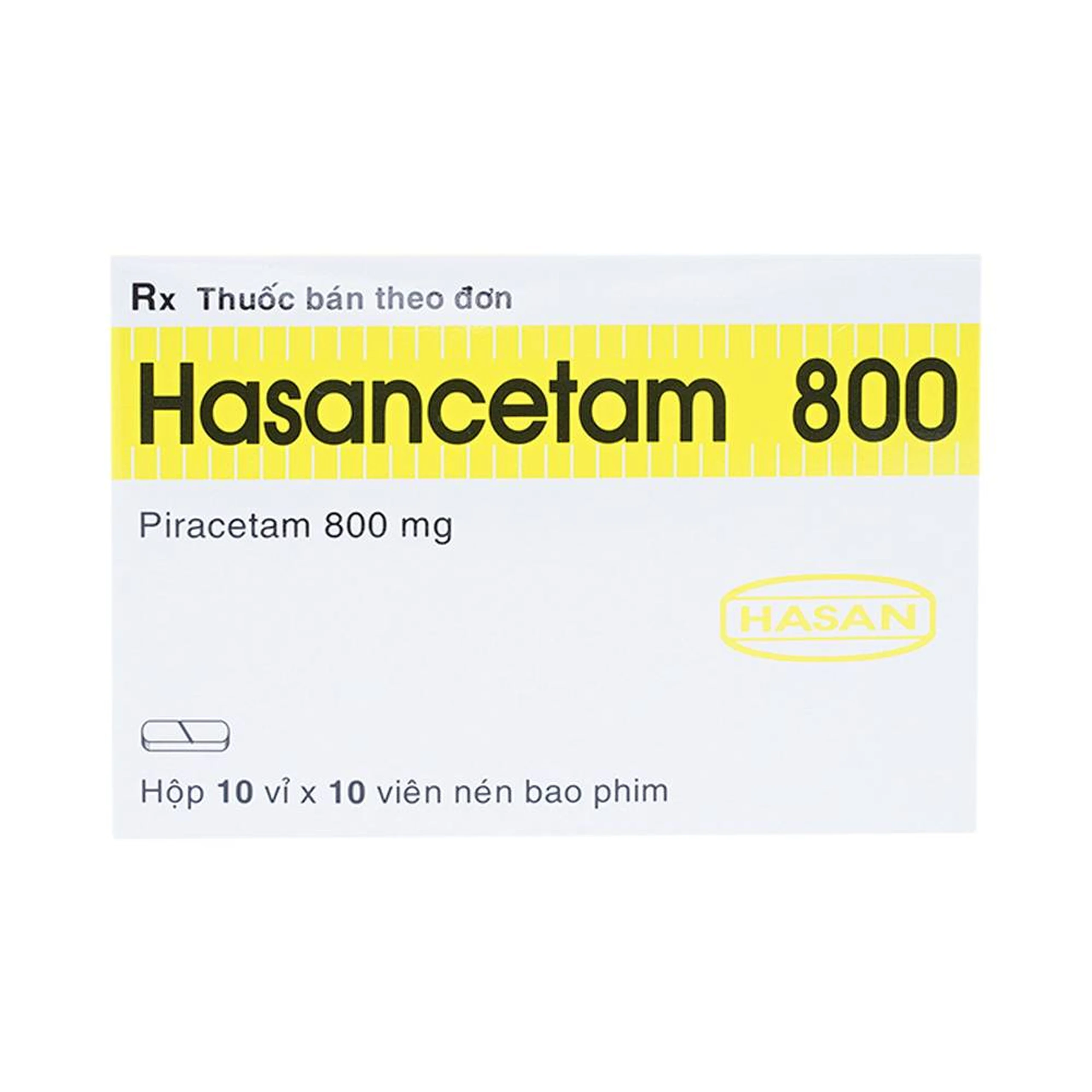 Thuốc Hasancetam 800 Hasan điều trị rối loạn chức năng não, suy giảm trí nhớ (10 vỉ x 10 viên)