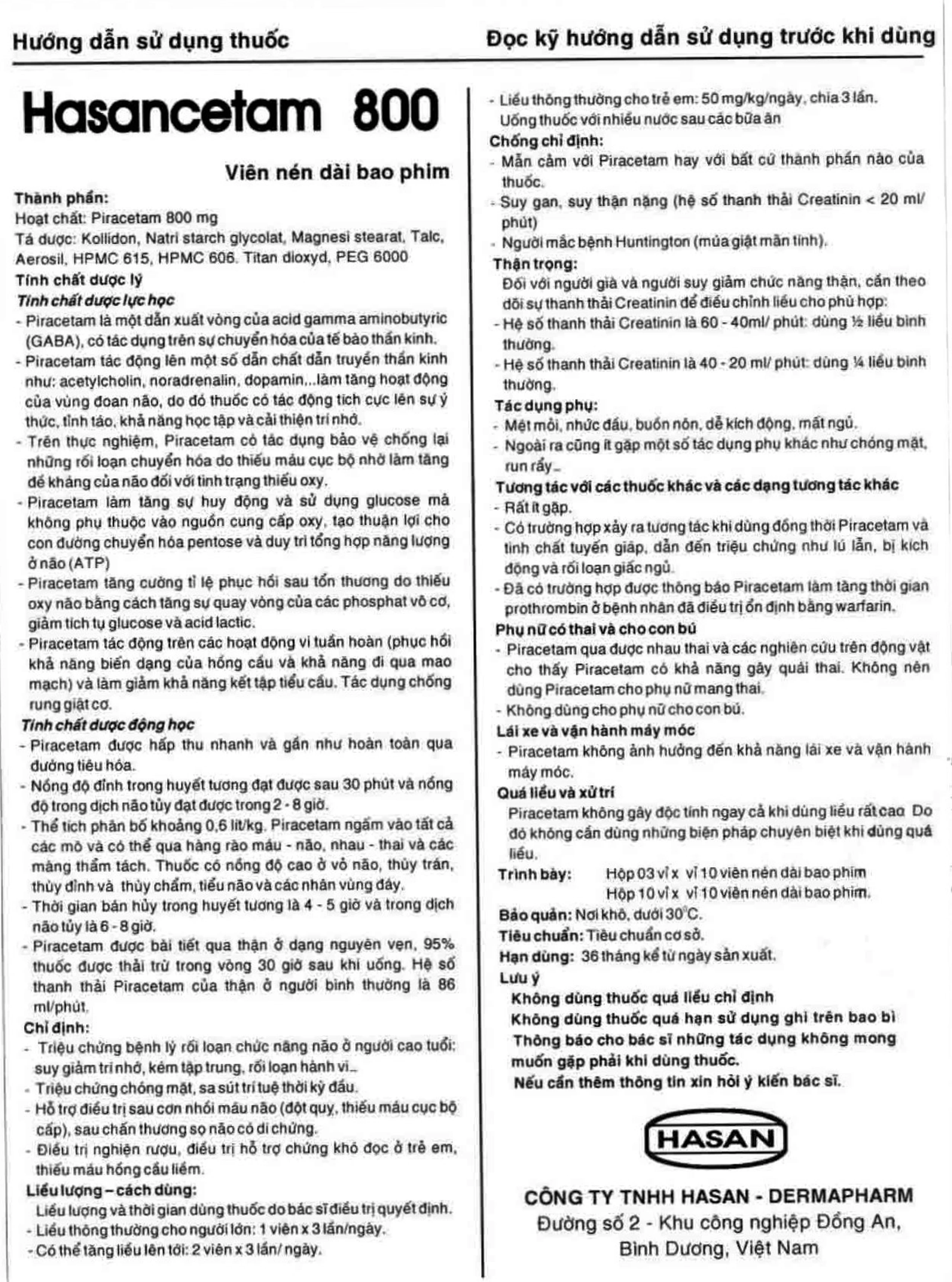 Thuốc Hasancetam 800 Hasan điều trị rối loạn chức năng não, suy giảm trí nhớ (10 vỉ x 10 viên)