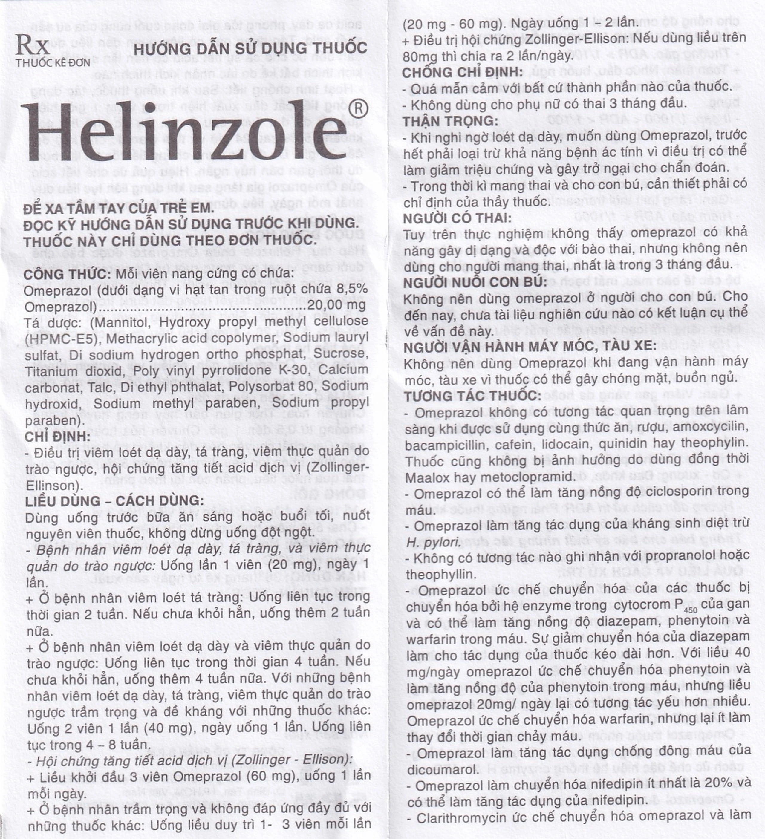 Thuốc Helinzole 20mg SPM điều trị viêm loét dạ dày, tá tràng (3 vỉ x 8 viên)