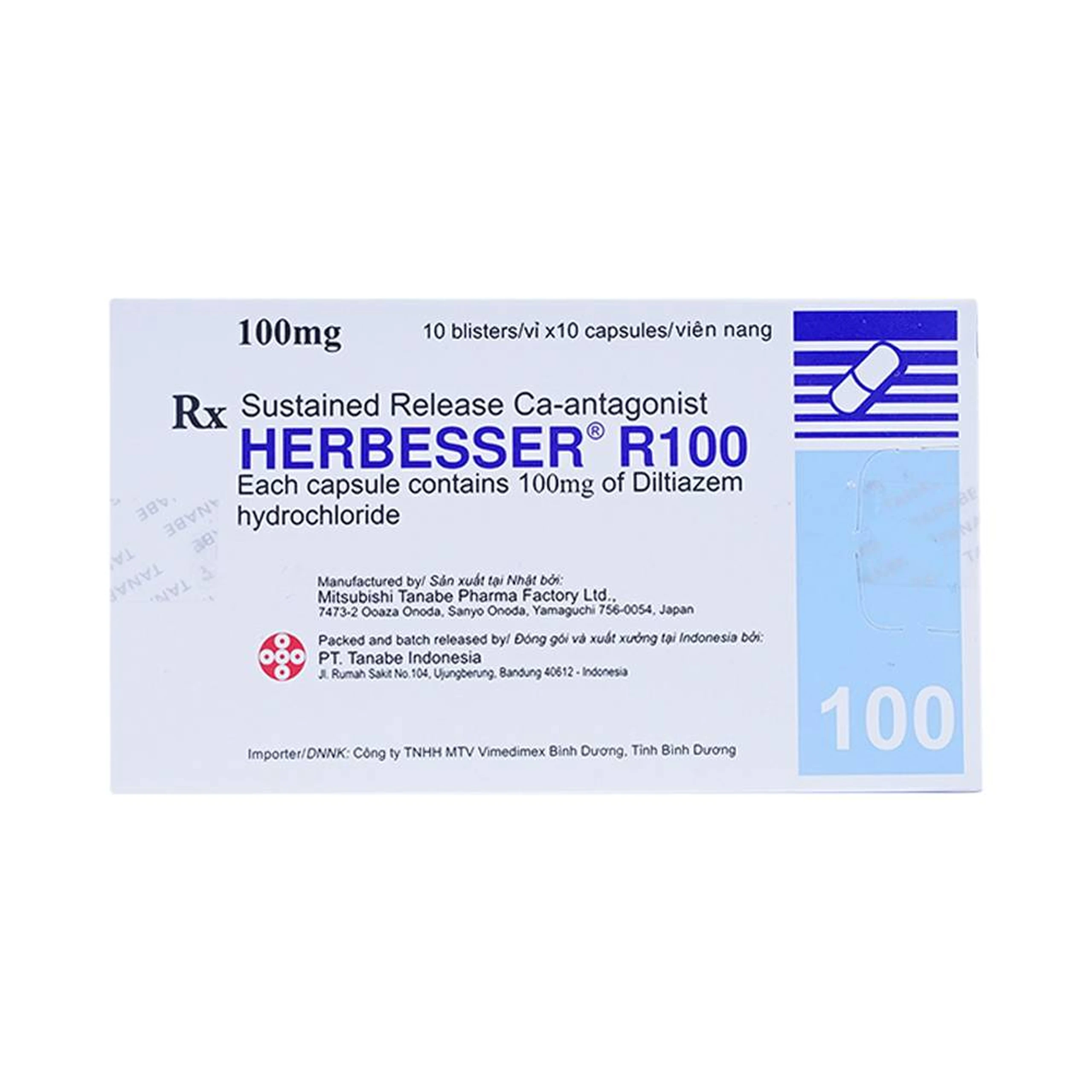 Thuốc Herbesser R100 điều trị tăng huyết áp vô căn, đau thắt ngực ổn định (10 vỉ x 10 viên)