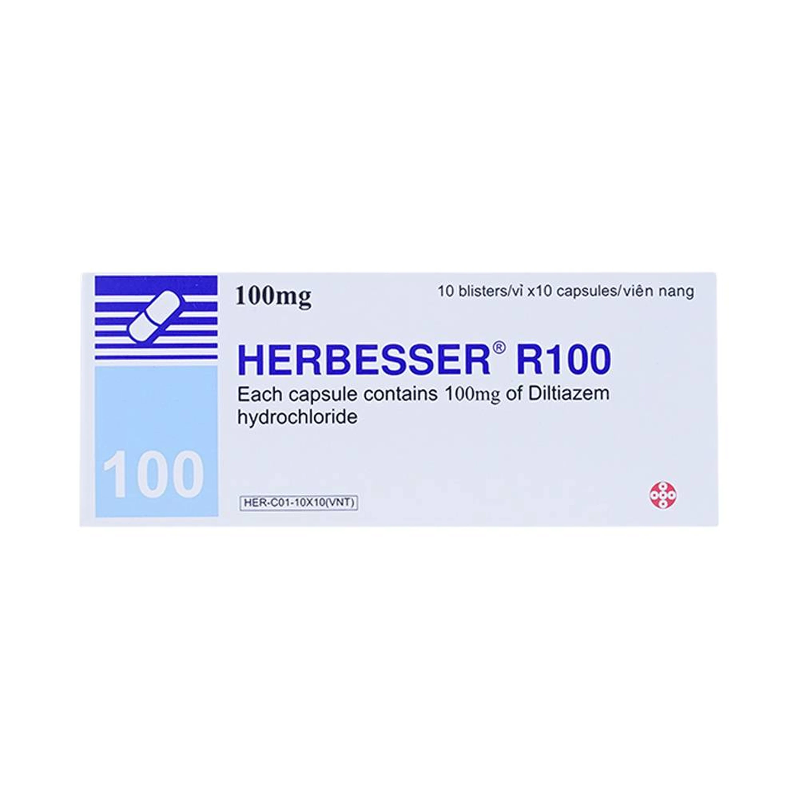 Thuốc Herbesser R100 điều trị tăng huyết áp vô căn, đau thắt ngực ổn định (10 vỉ x 10 viên)