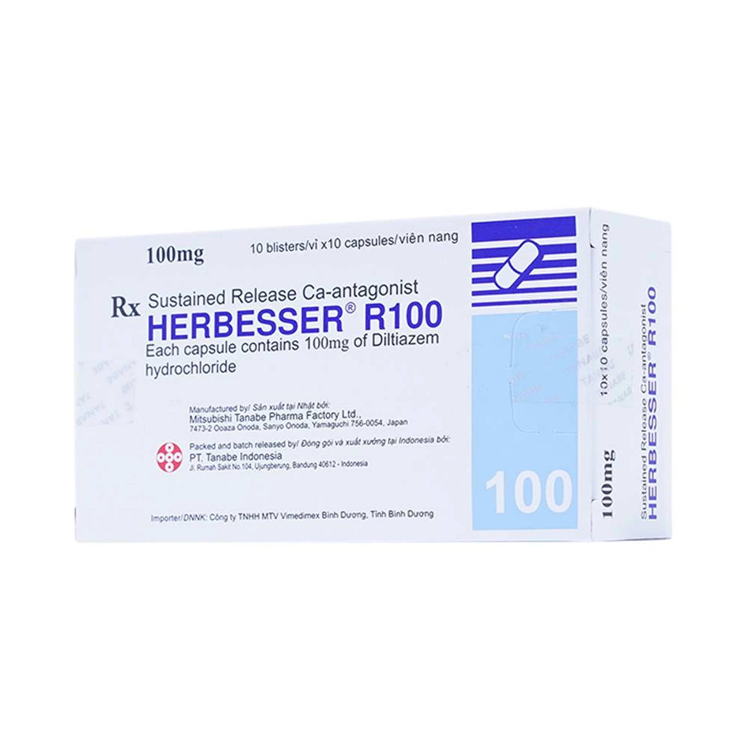 Thuốc Herbesser R100 điều trị tăng huyết áp vô căn, đau thắt ngực ổn định (10 vỉ x 10 viên)
