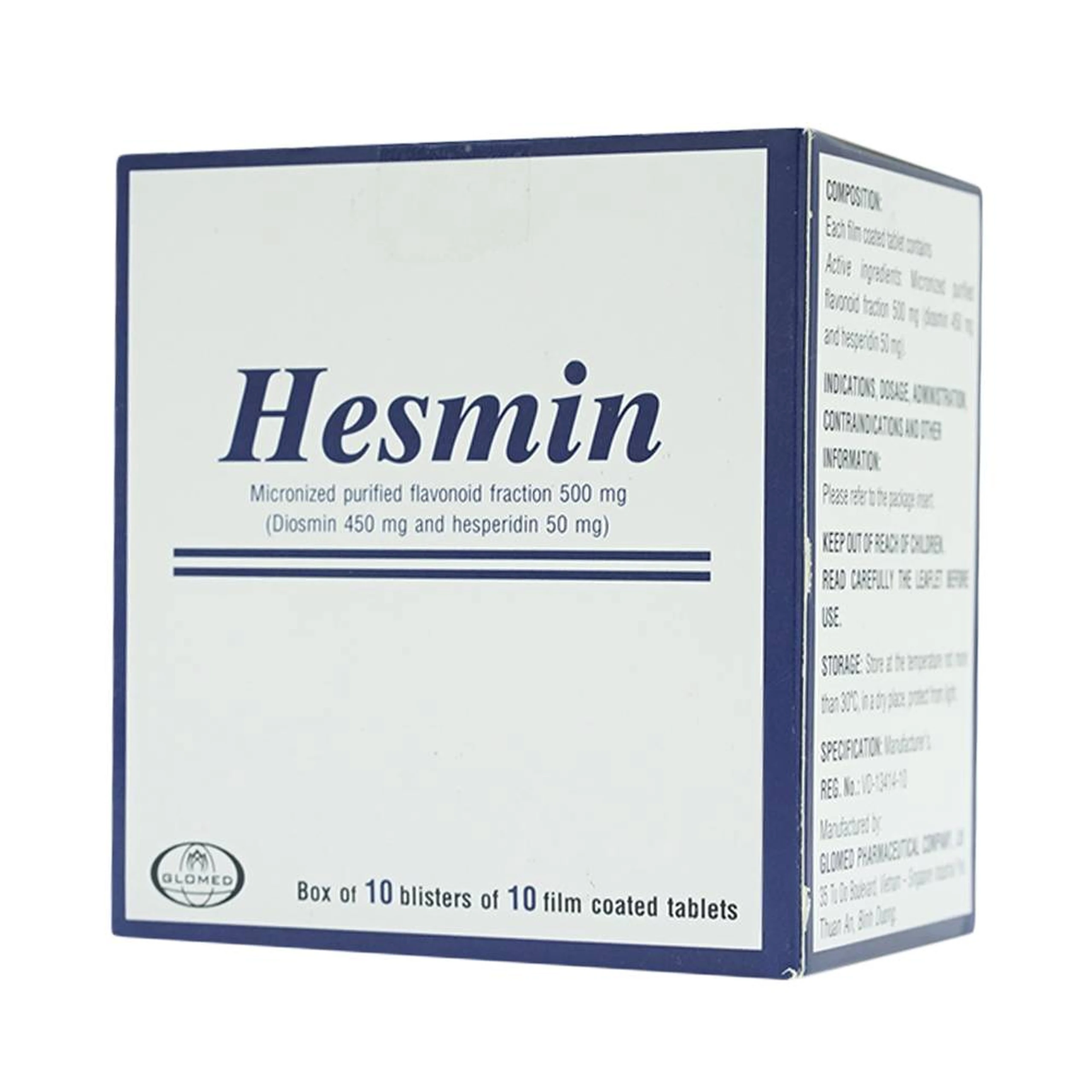 Thuốc Hesmin 500mg Glomed điều trị các triệu chứng và dấu hiệu của suy tĩnh mạch và bệnh trĩ (10 vỉ x 10 viên)