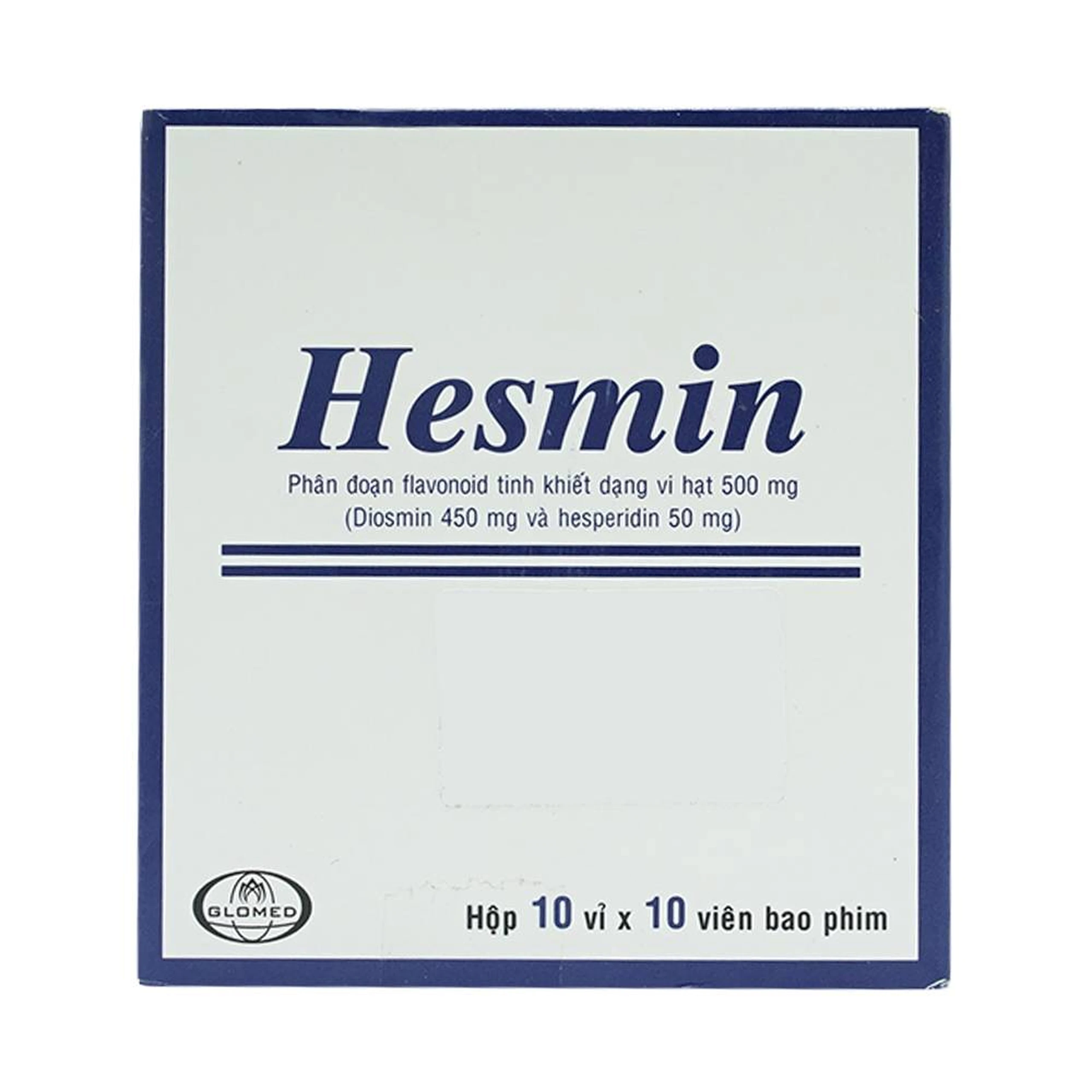 Thuốc Hesmin 500mg Glomed điều trị các triệu chứng và dấu hiệu của suy tĩnh mạch và bệnh trĩ (10 vỉ x 10 viên)