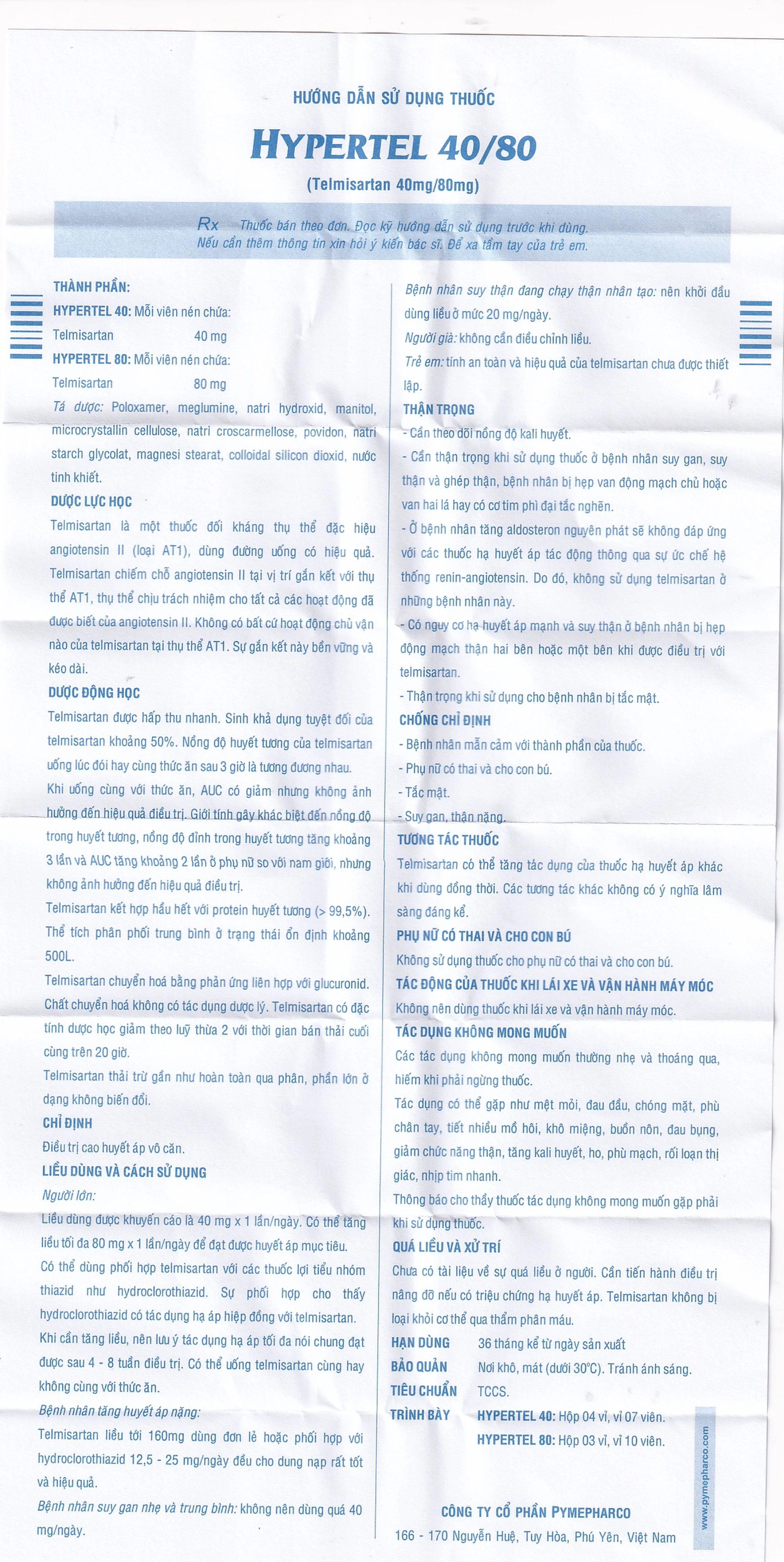 Thuốc Hypertel 40mg Pymepharco điều trị cao huyết áp vô căn (4 vỉ x 7 viên) 