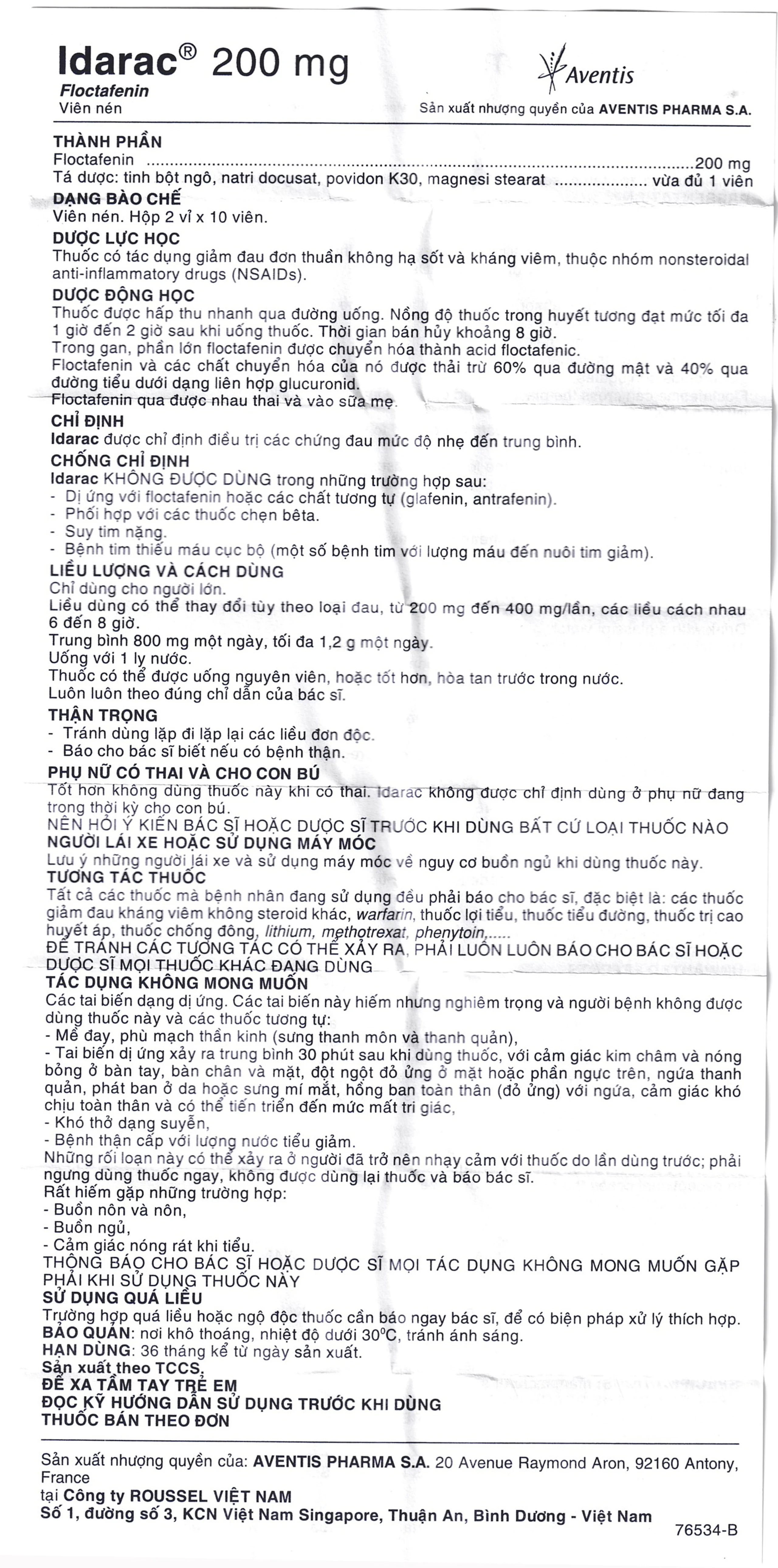 Thuốc Idarac 200mg Roussel điều trị các chứng đau mức độ nhẹ đến trung bình (2 vỉ x 10 viên)