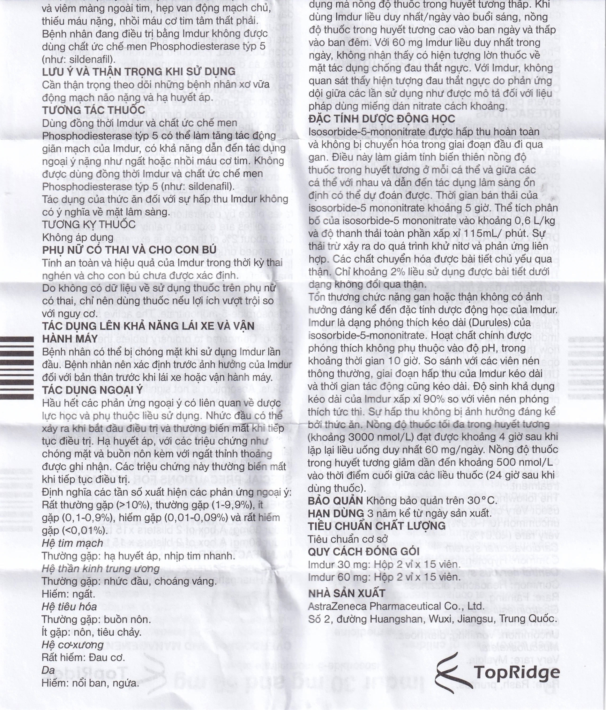 Thuốc Imdur 60mg AstraZeneca điều trị dự phòng đau thắt ngực (2 vỉ x 15 viên)