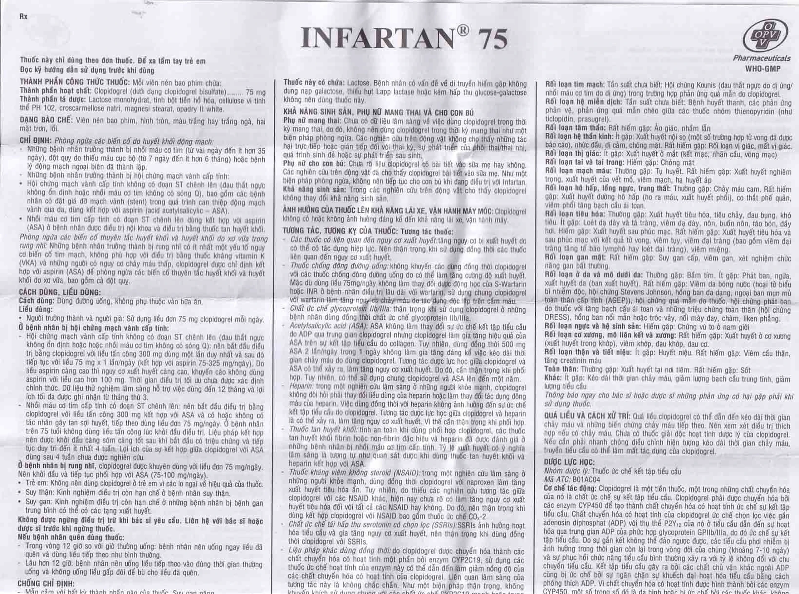 Thuốc Infartan 75 OPV phòng ngừa các biến cố do huyết khối động mạch (3 vỉ x 10 viên)