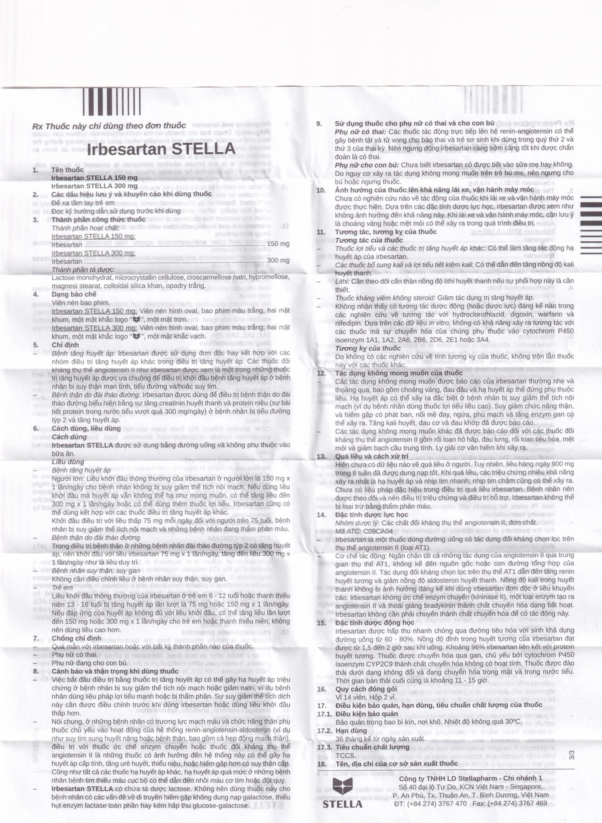 Thuốc Irbesartan Stella 150mg điều trị tăng huyết áp, bệnh thận do tiểu đường (2 vỉ x 14 viên)