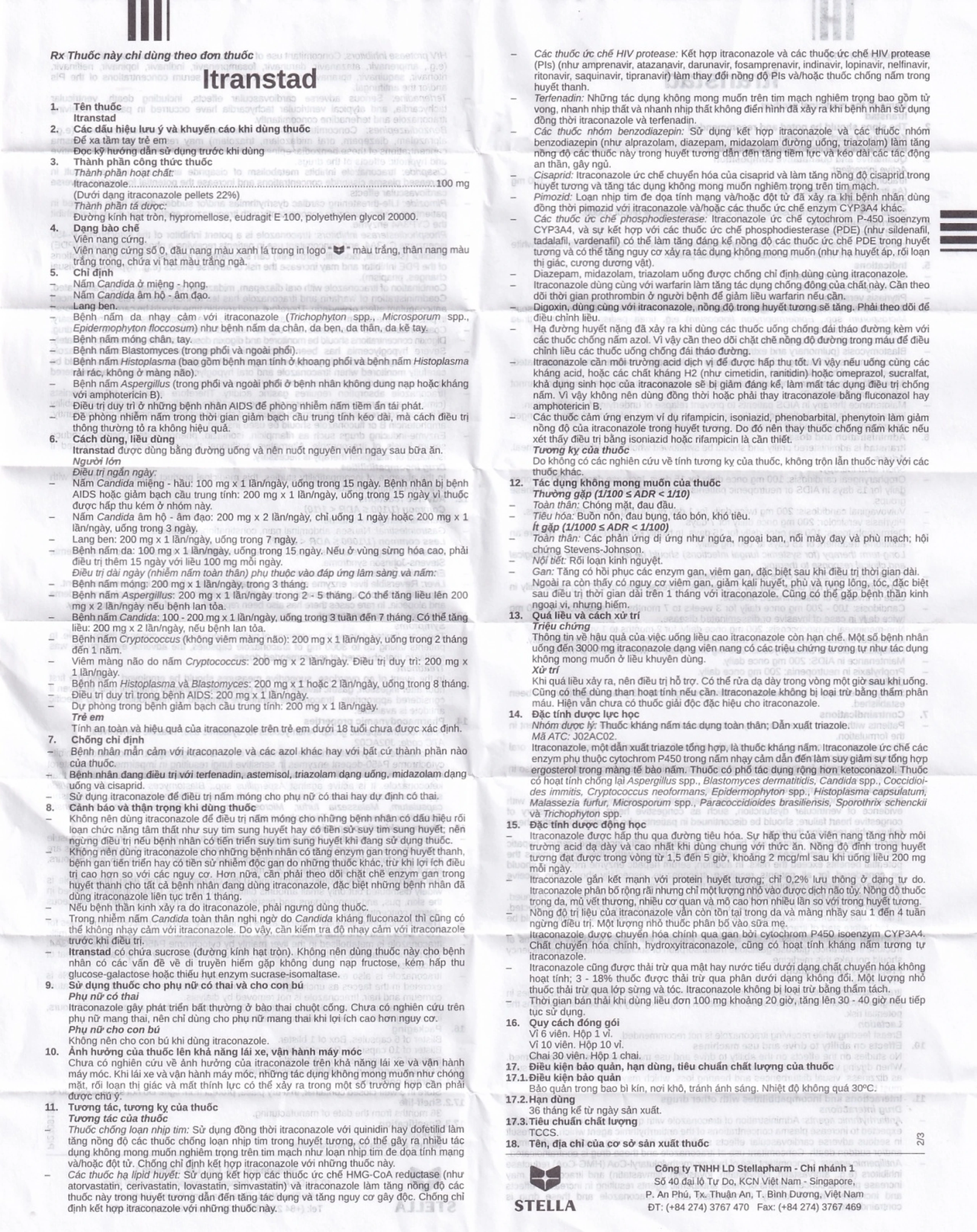 Thuốc Itranstad 100mg Stella điều trị nấm Candida ở miệng, họng, âm đạo, âm hộ (1 vỉ x 6 viên)