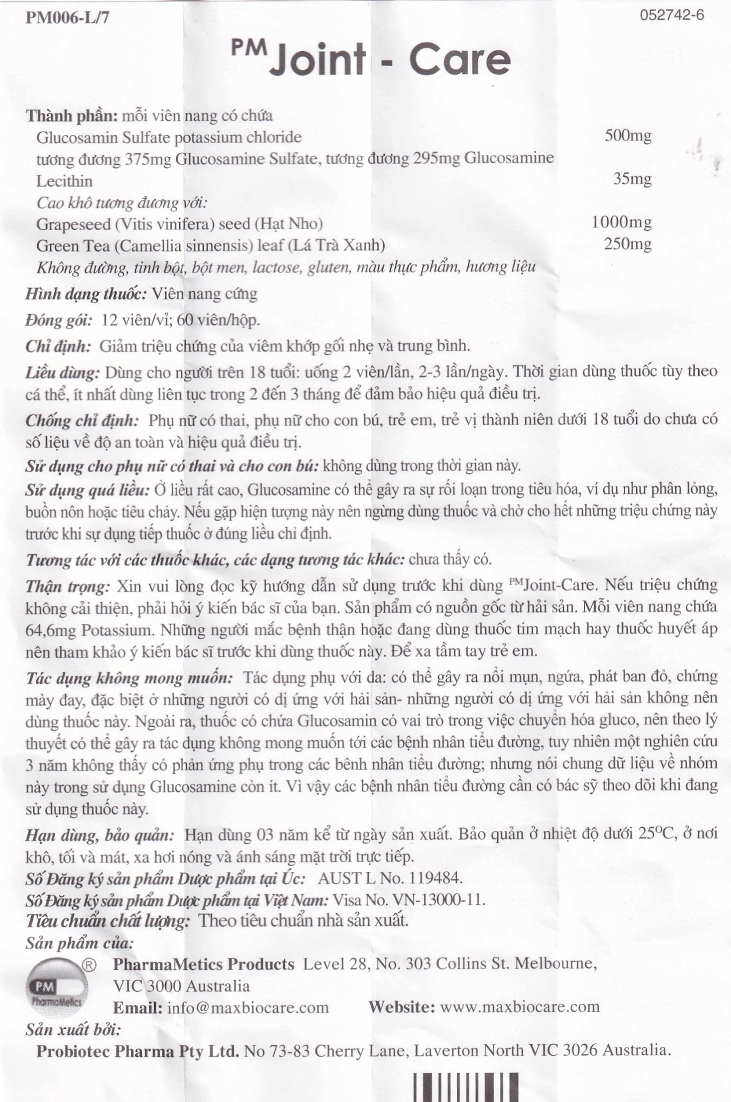 Thuốc PM Joint-Care giảm triệu chứng viêm khớp gối nhẹ và trung bình (5 vỉ x 12 viên)