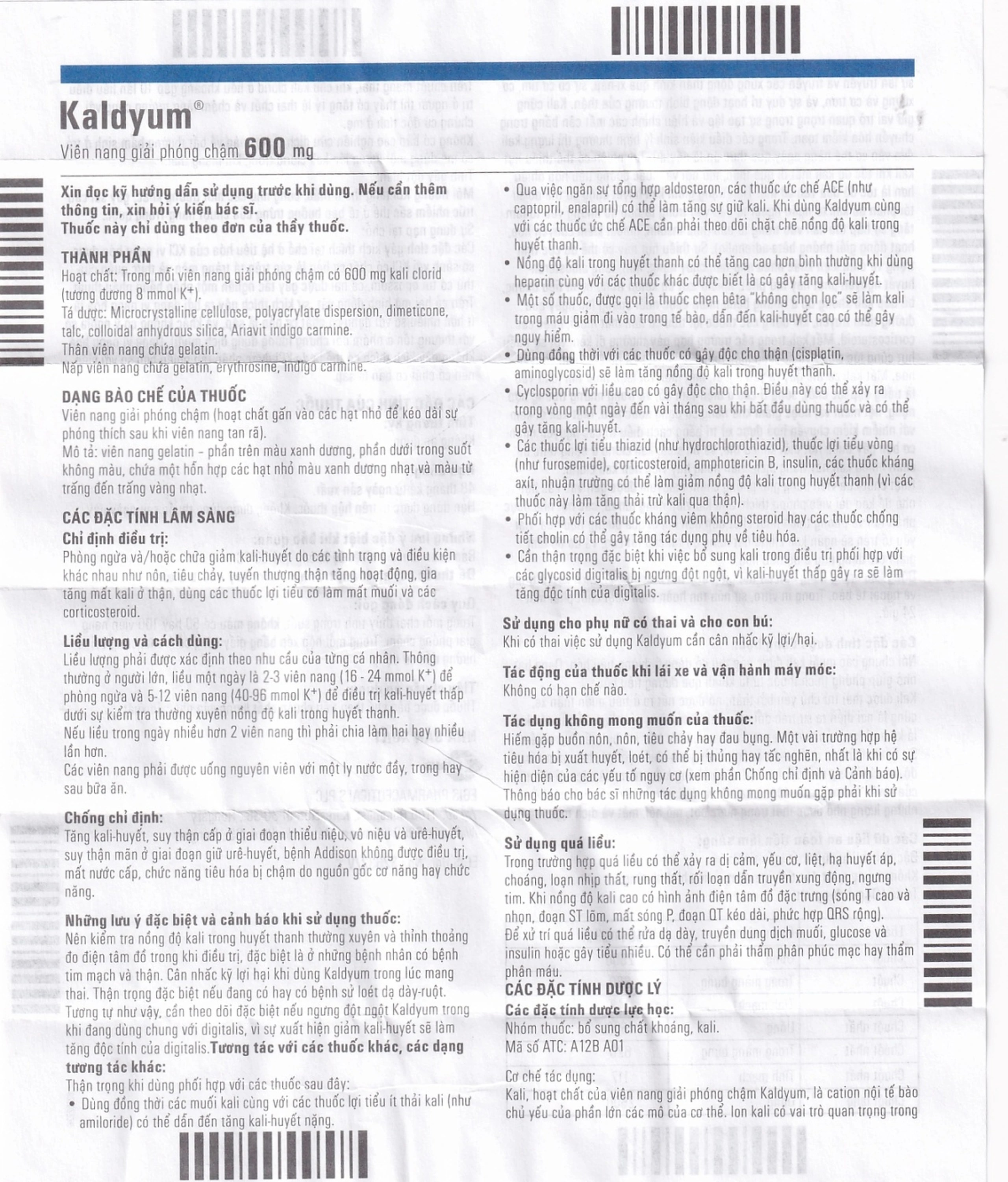 Thuốc Kaldyum 600mg Egis Pharma phòng ngừa, điều trị giảm kali huyết (50 viên)