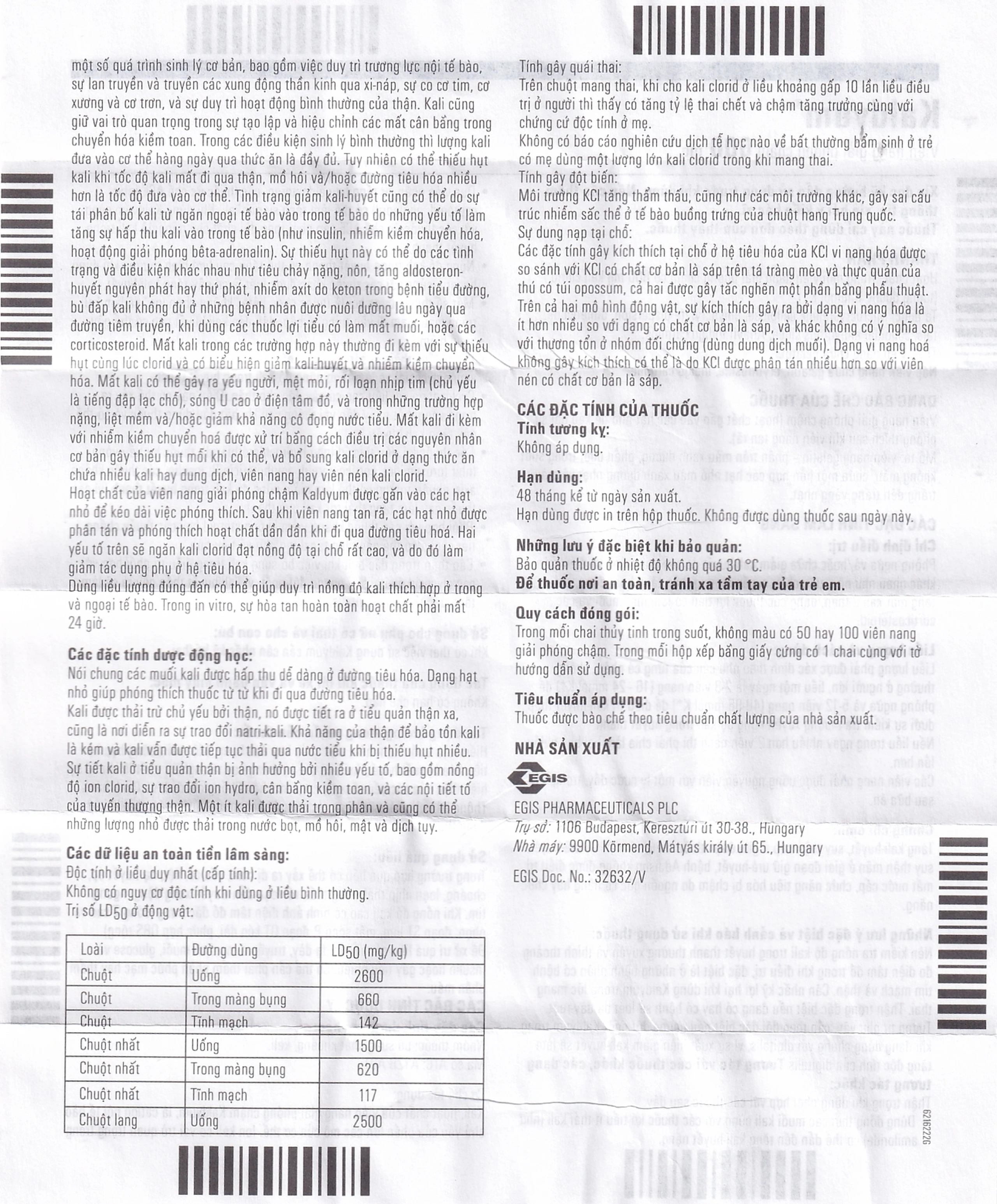Thuốc Kaldyum 600mg Egis Pharma phòng ngừa, điều trị giảm kali huyết (50 viên)