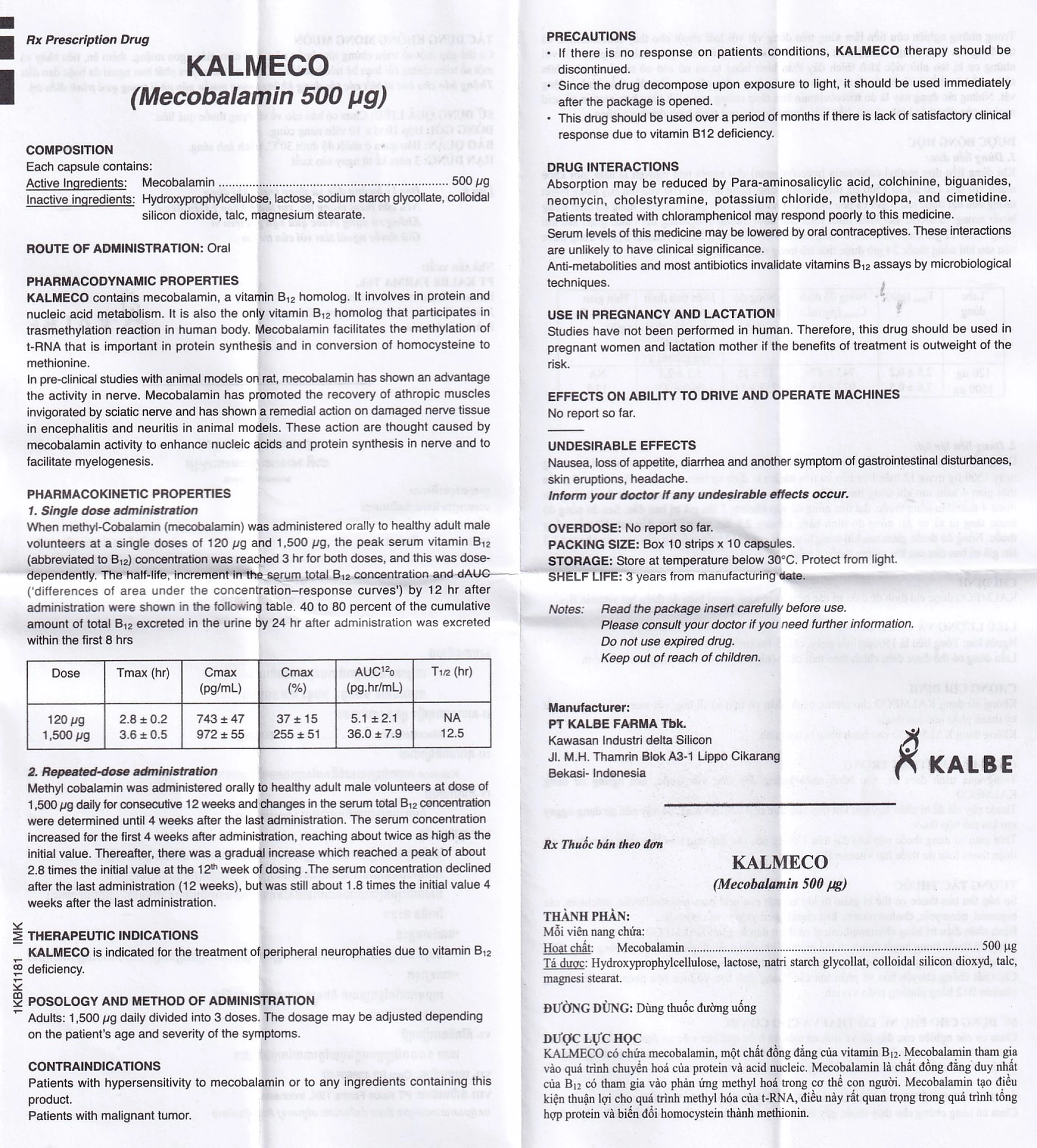 Viên nang Kalmeco 500µg Kalbe điều trị các bệnh thần kinh ngoại biên do thiếu hụt vitamin B12 (10 vỉ x 10 viên) 