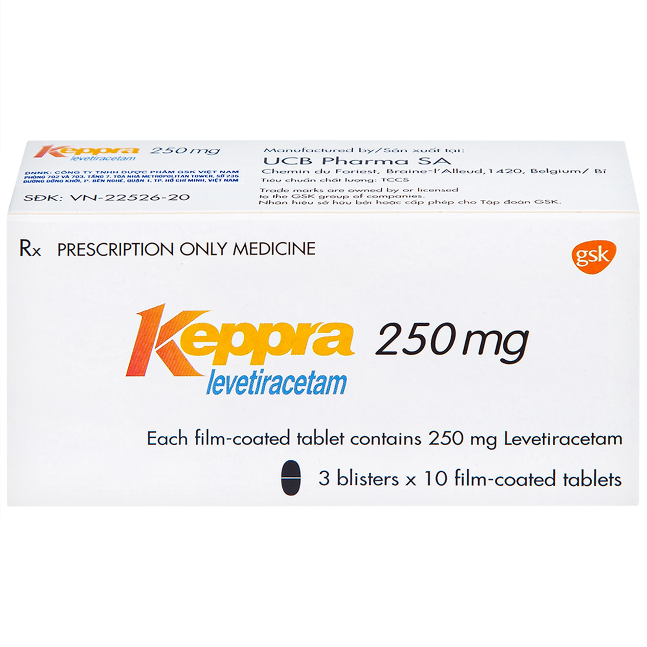 Viên nén Keppra 250mg GSK điều trị các cơn động kinh cục bộ (3 vỉ x 10 viên)