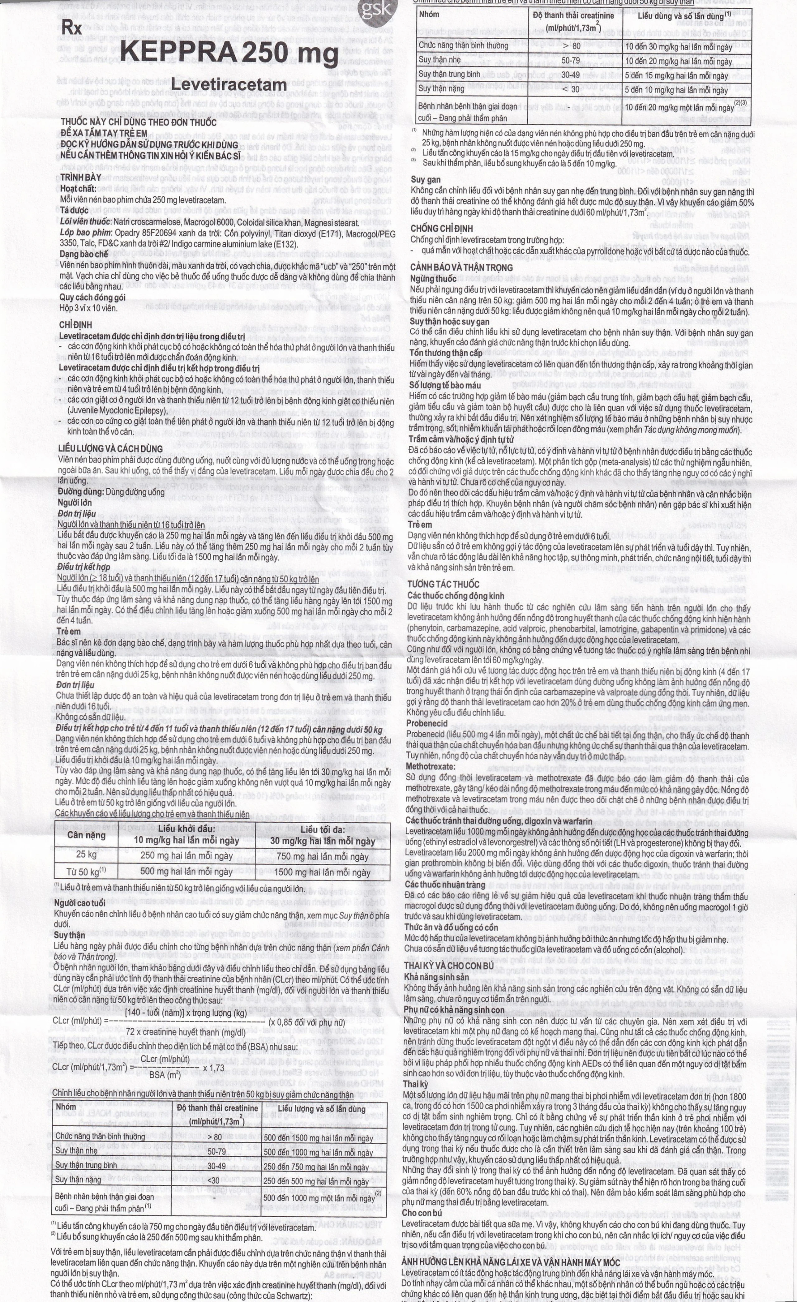 Viên nén Keppra 250mg GSK điều trị các cơn động kinh cục bộ (3 vỉ x 10 viên)