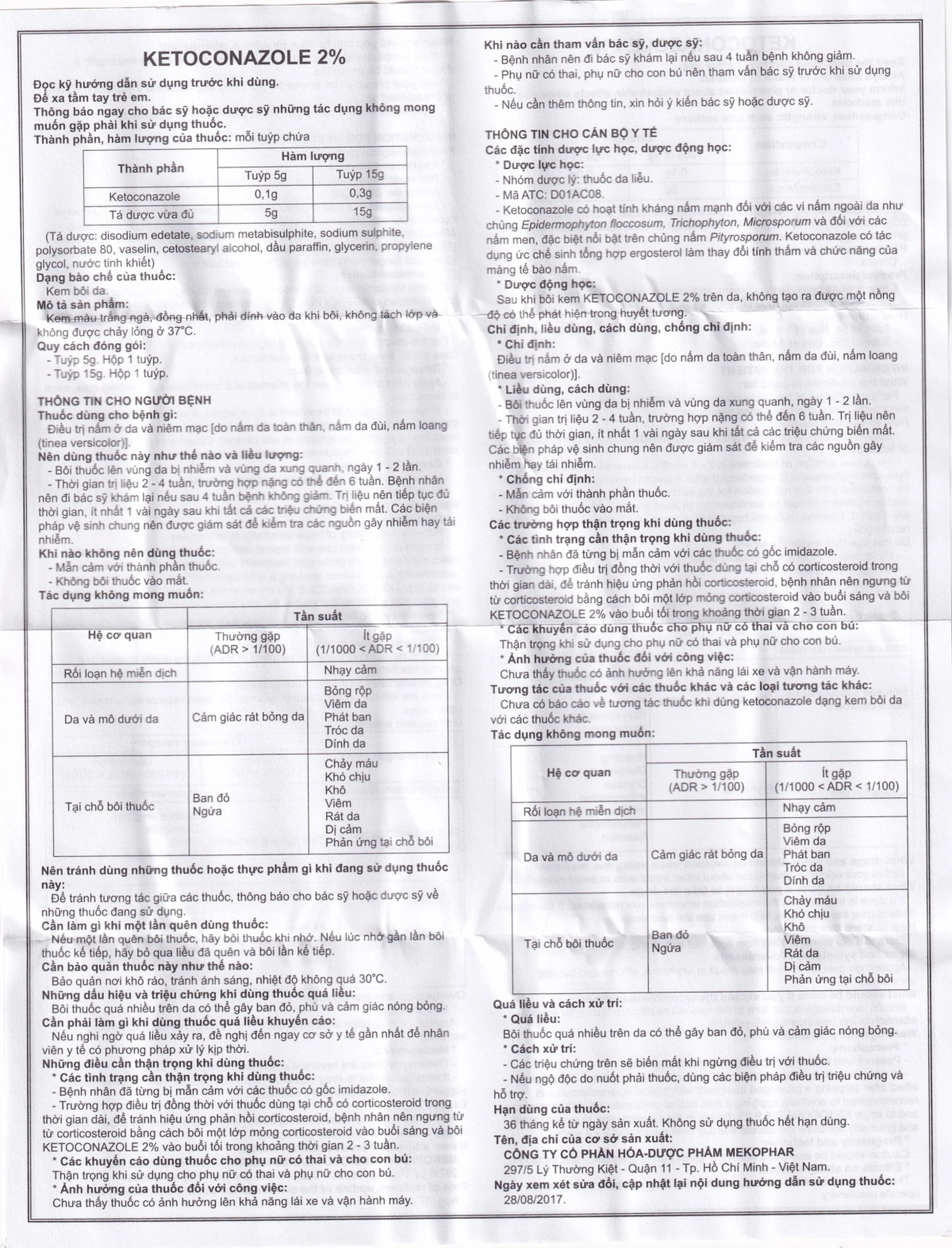 Kem bôi da Ketoconazole 2% Mekophar điều trị nấm ở da và niêm mạc (5g) 