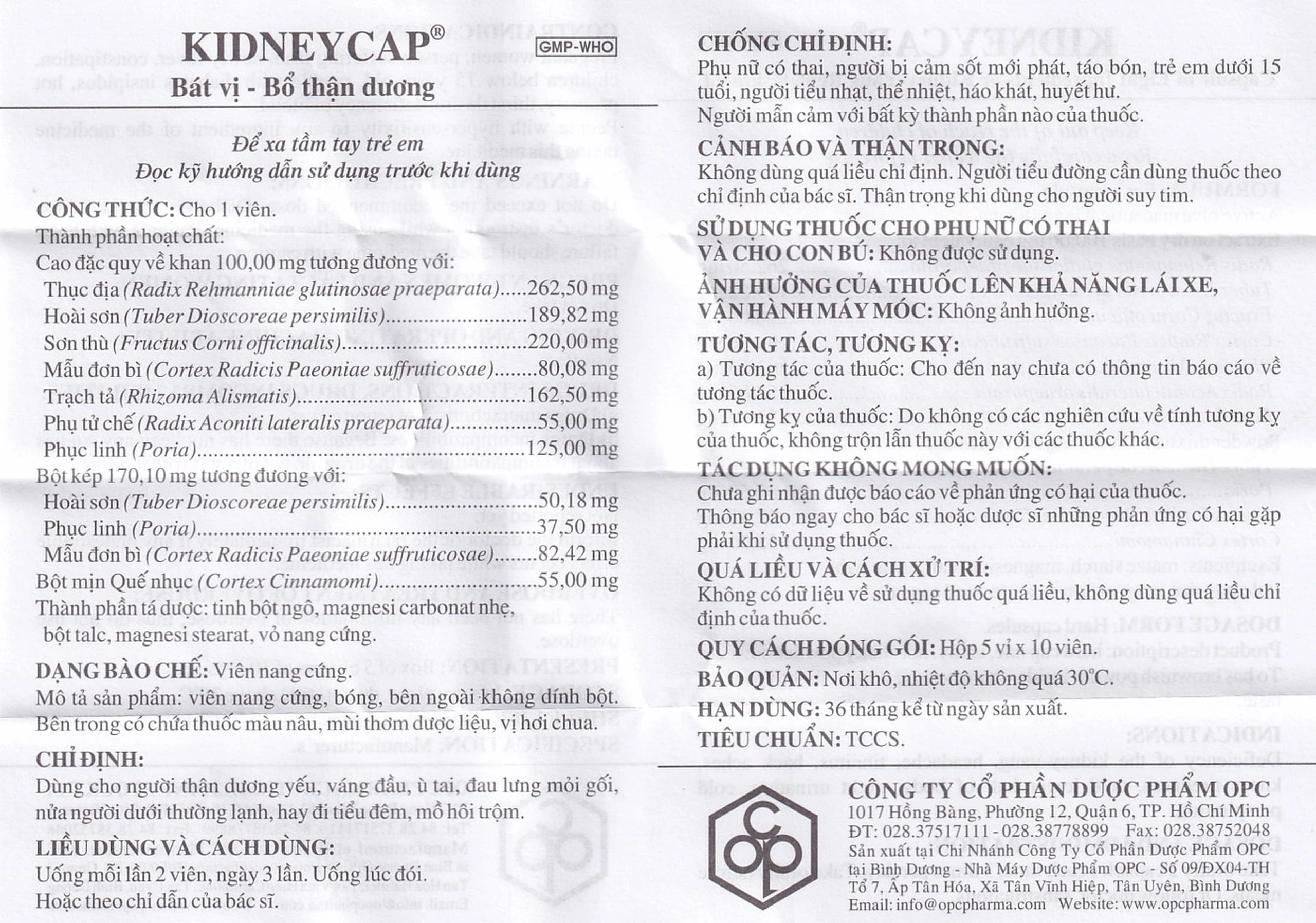 Thuốc Kidneycap OPC bát vị, bổ thận dương dùng cho người váng đầu, ù tai (5 vỉ x 10 viên)