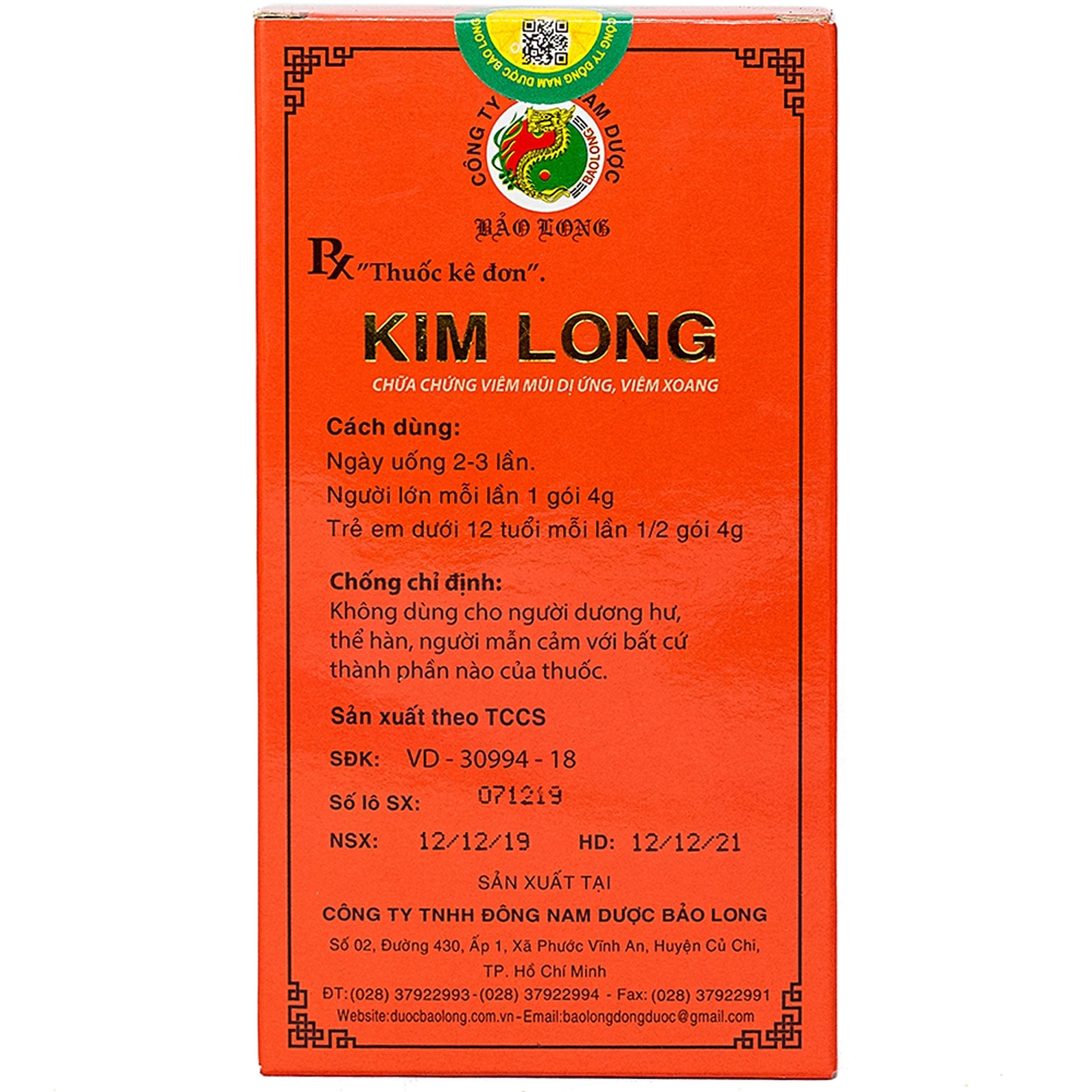 Thuốc Kim Long chữa chứng hắt hơi, sổ mũi, ngạt mũi, mặt mũi đau nhức (10 gói x 4g)