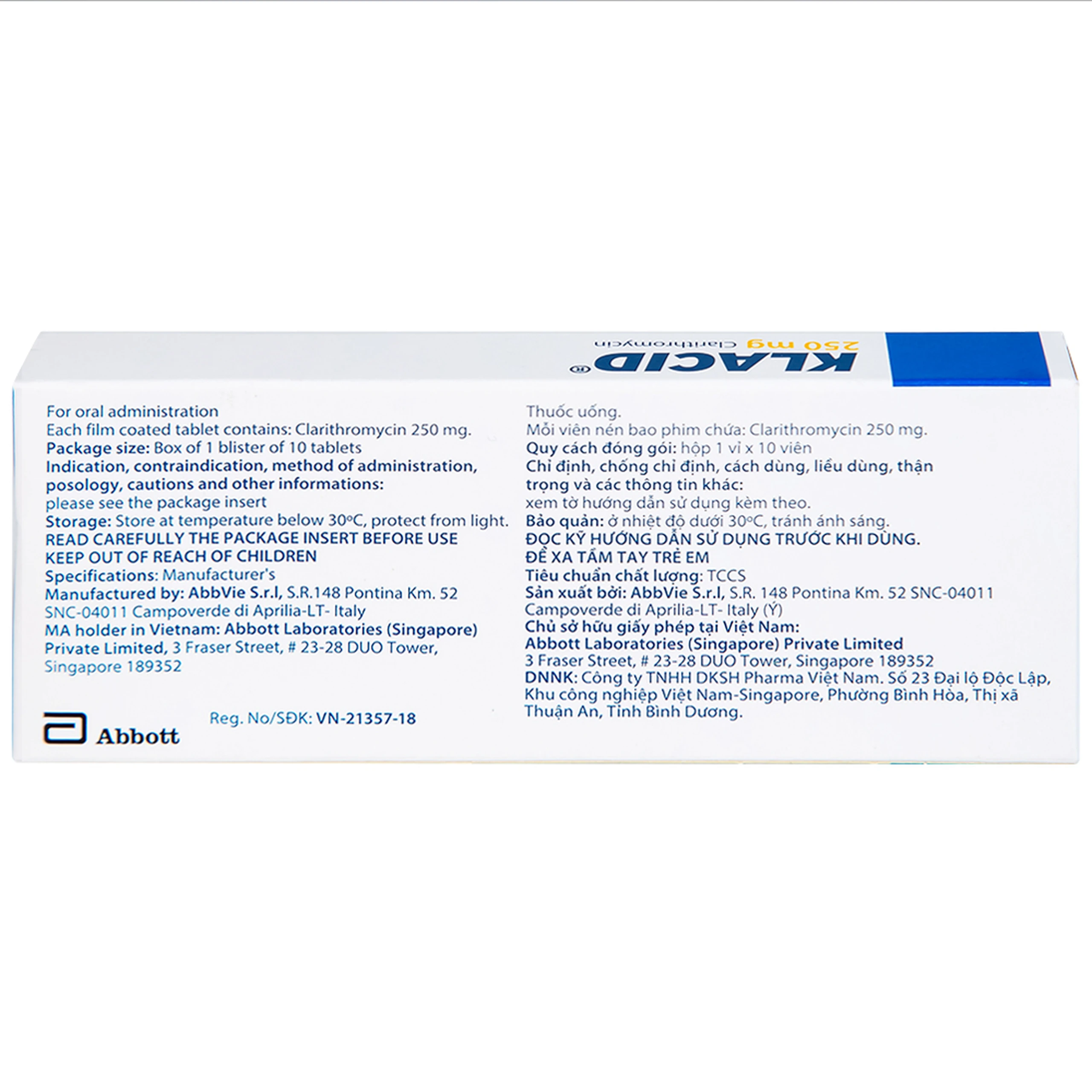 Viên nén Klacid 250mg Abbott điều trị viêm amidan, viêm tai giữa, viêm xoang cấp (1 vỉ x 10 viên)
