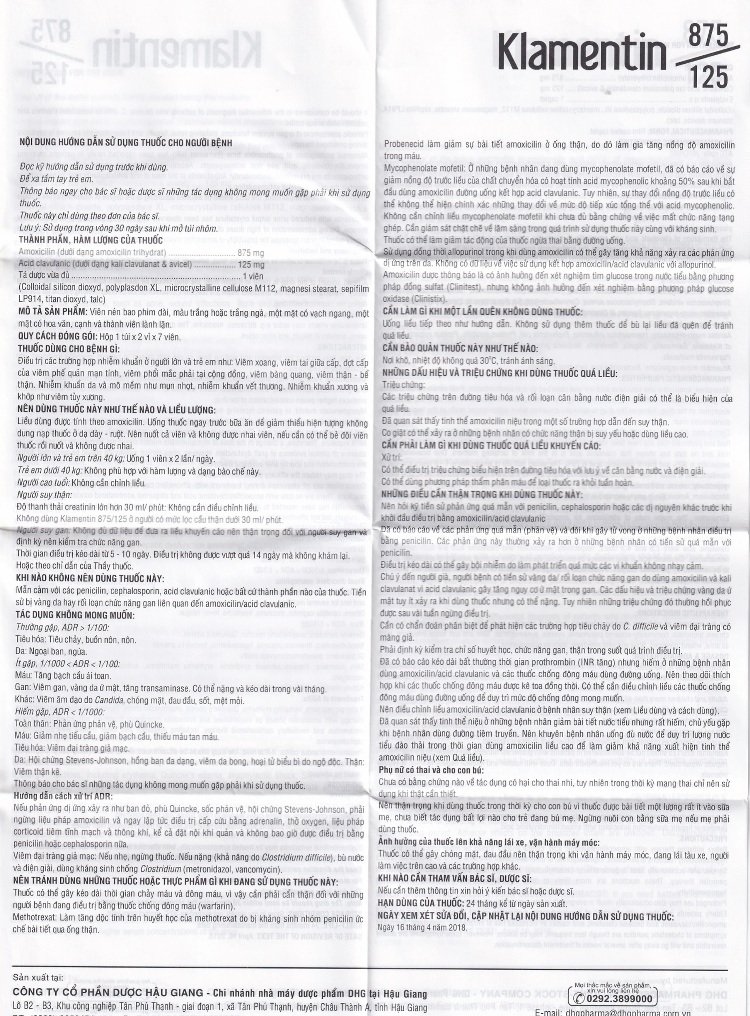 Viên nén Klamentin 875/125 DHG Pharma điều trị viêm xoang, viêm tai giữa, viêm phế quản (2 vỉ x 7 viên)