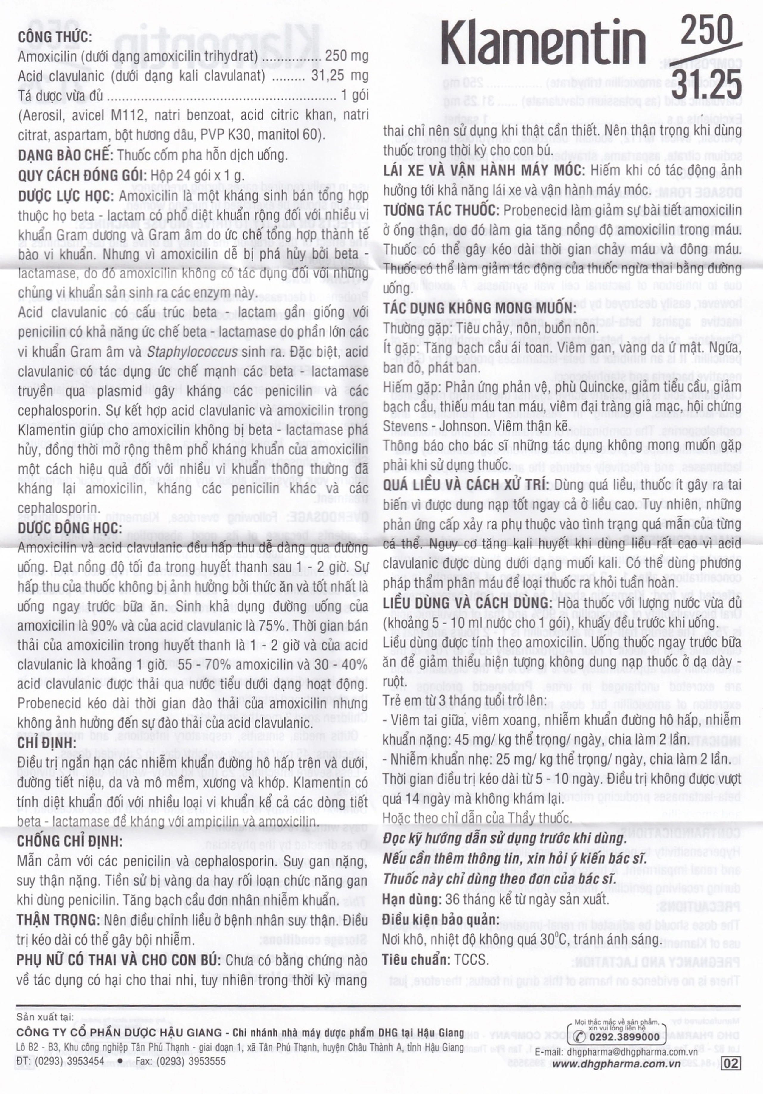 Cốm pha hỗn dịch uống Klamentin 250/31.25 DHG Pharma điều trị nhiễm khuẩn đường hô hấp, đường tiết niệu (24 gói) 