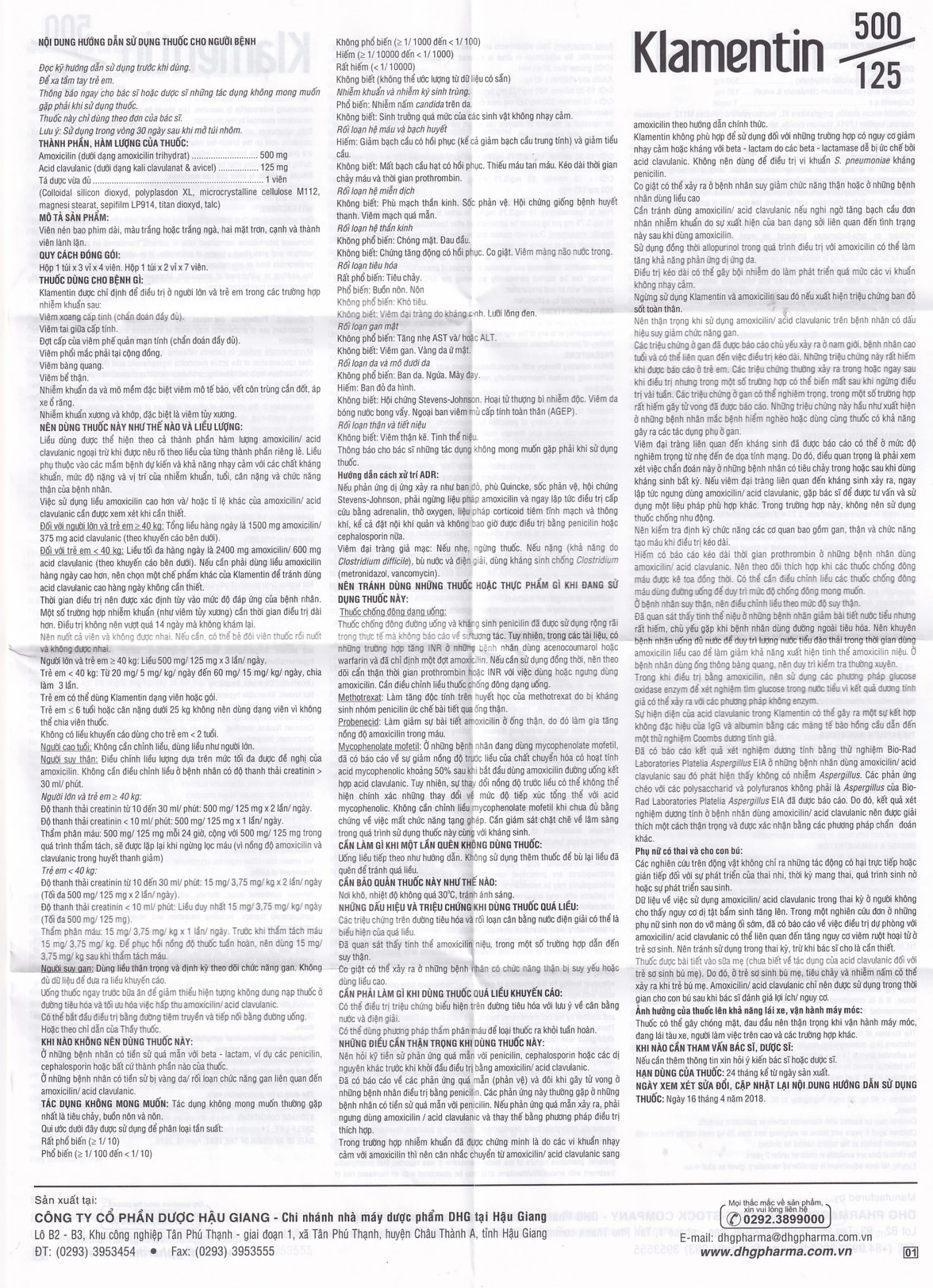 Thuốc Klamentin 500/125 DHG Pharma điều trị viêm xoang, viêm tai giữa, viêm phế quản (3 vỉ x 4 viên)
