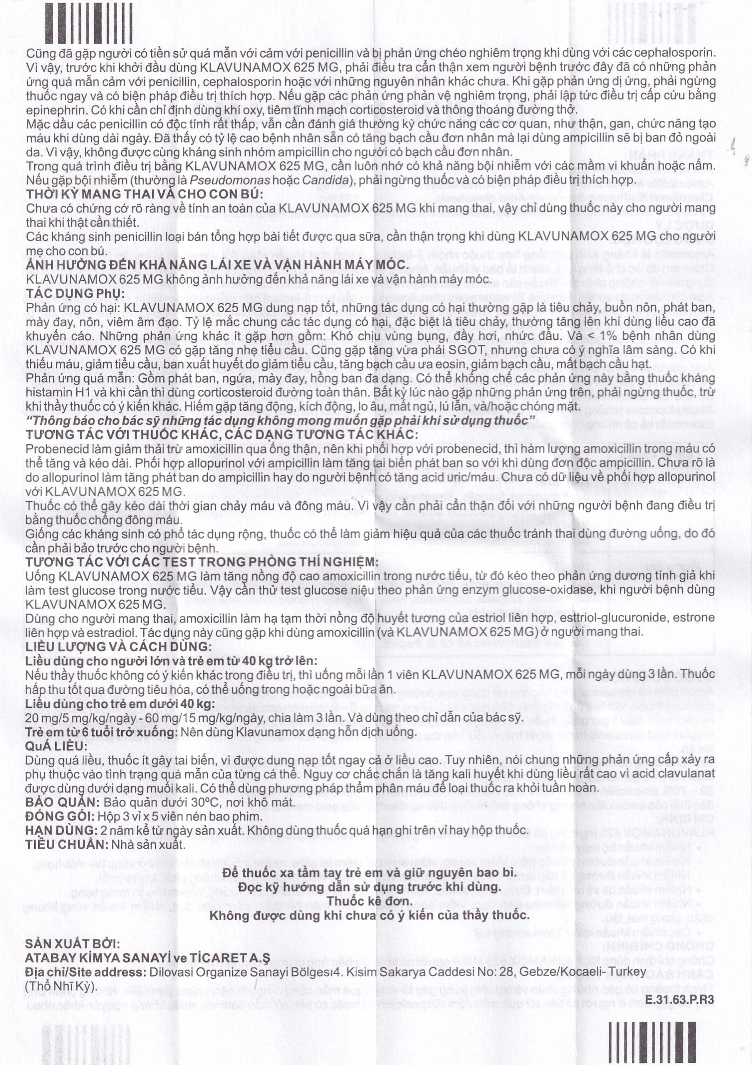 Thuốc Klavunamox 625mg Atabay điều trị nhiễm khuẩn đường hô hấp, da và mô mềm (3 vỉ x 5 viên)