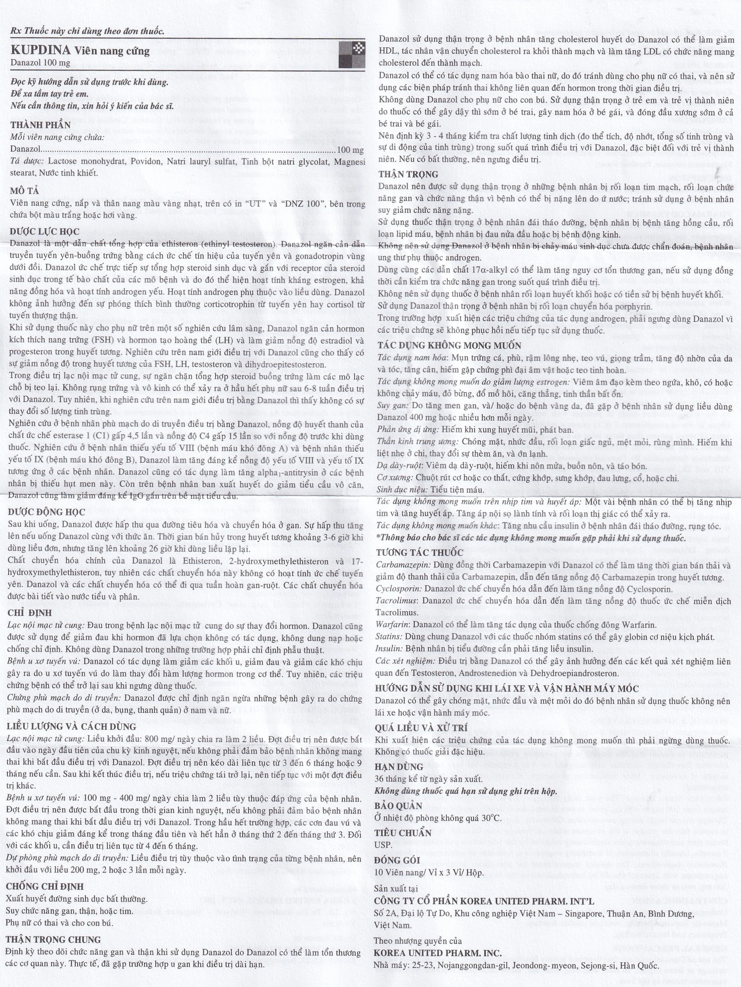 Viên nang cứng Kupdina 100mg Korea United Pharm điều trị đau trong lạc nội mạc tử cung, u xơ tuyến vú (3 vỉ x 10 viên)