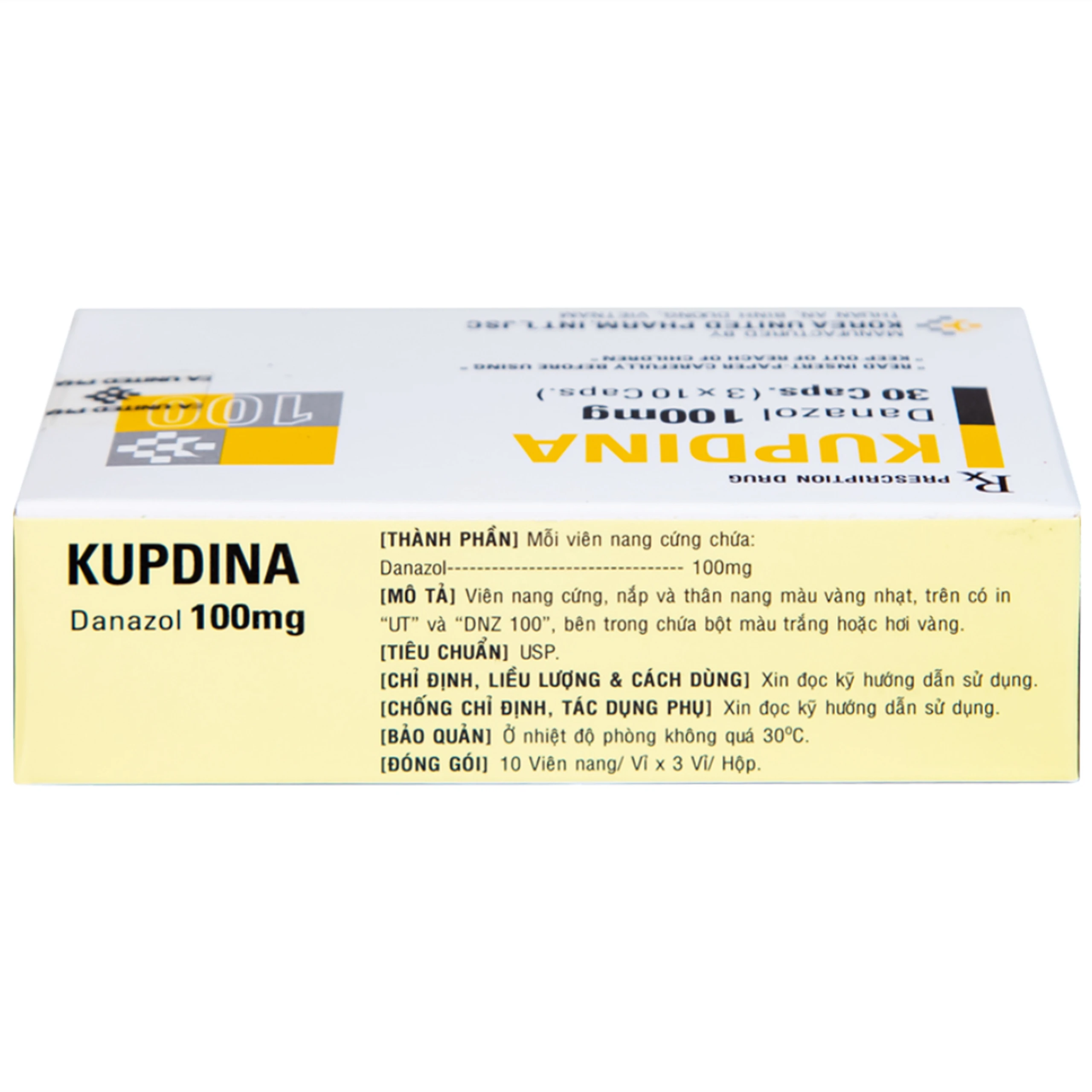Viên nang cứng Kupdina 100mg Korea United Pharm điều trị đau trong lạc nội mạc tử cung, u xơ tuyến vú (3 vỉ x 10 viên)