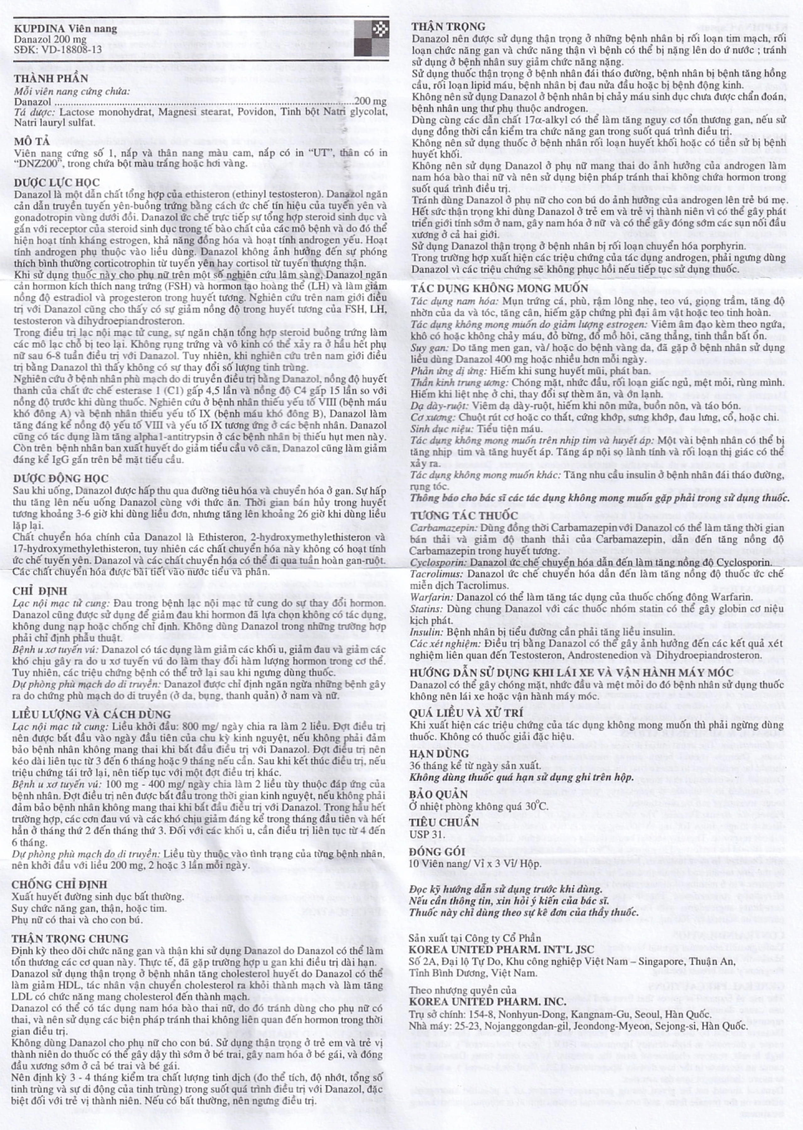Viên nang cứng Kupdina 200mg Korea United Pharm điều trị đau trong lạc nội mạc tử cung, u xơ tuyến vú (3 vỉ x 10 viên)