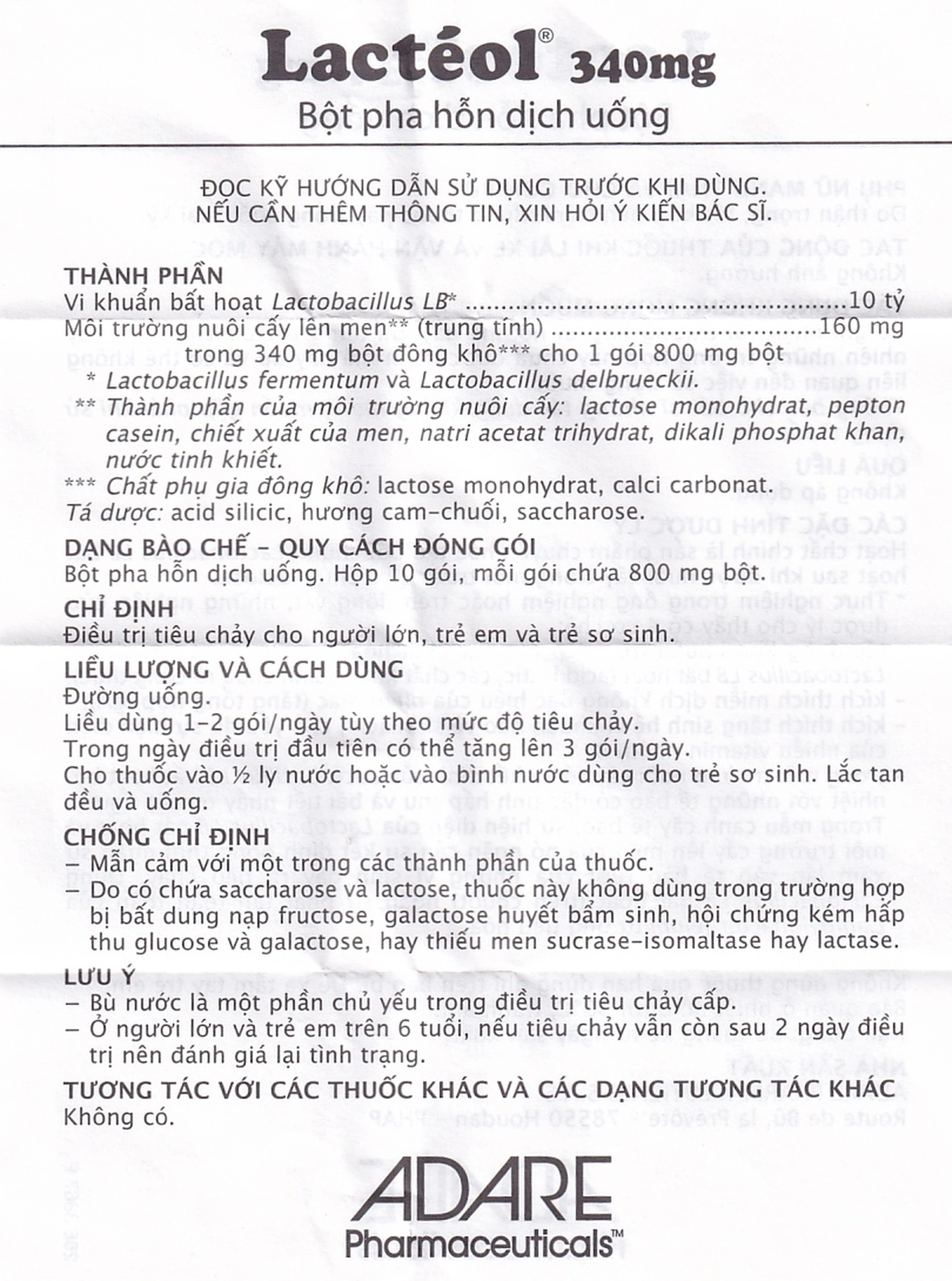 Bột pha hỗn dịch uống Lactéol 340mg điều trị tiêu chảy (10 gói)