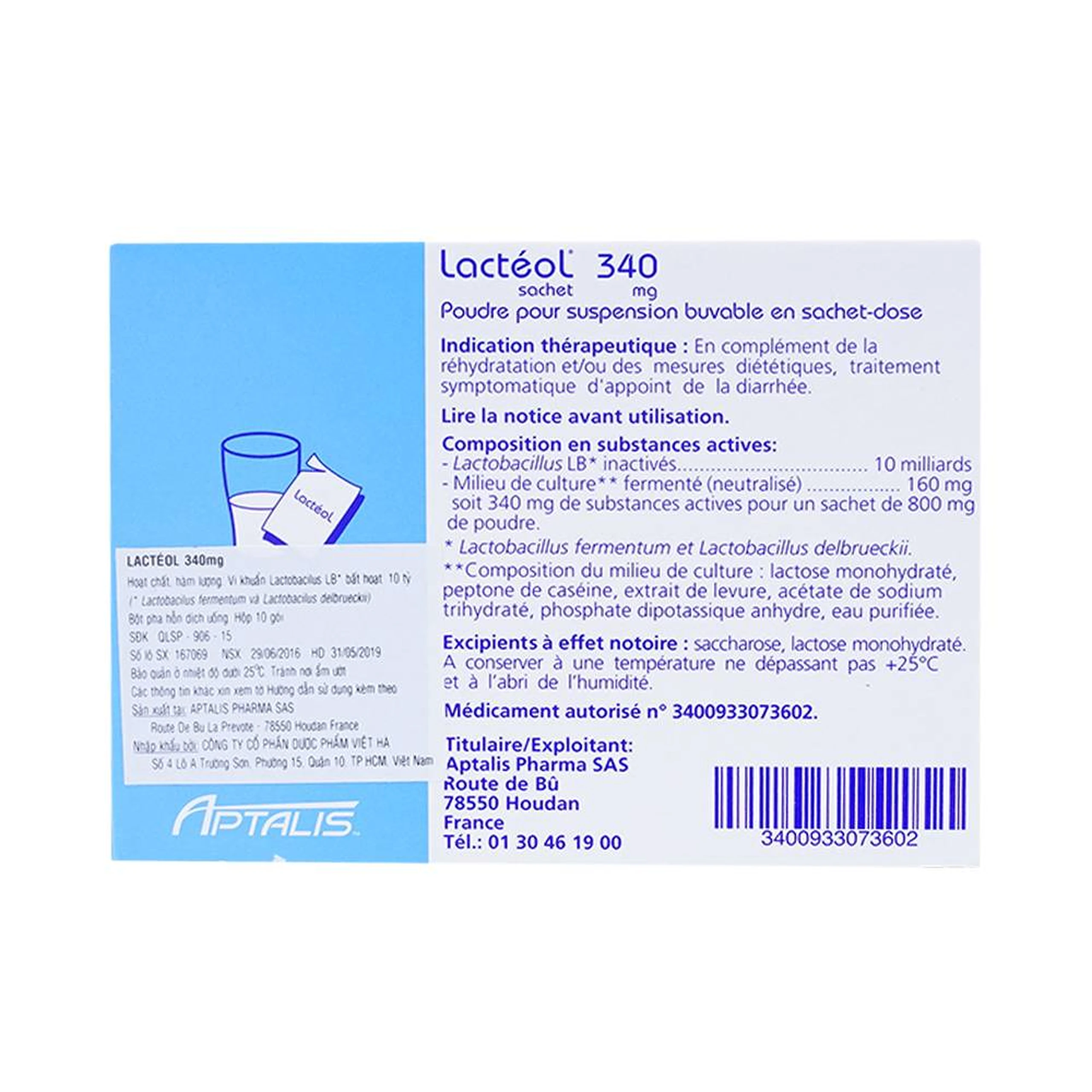 Bột pha hỗn dịch uống Lactéol 340mg điều trị tiêu chảy (10 gói)