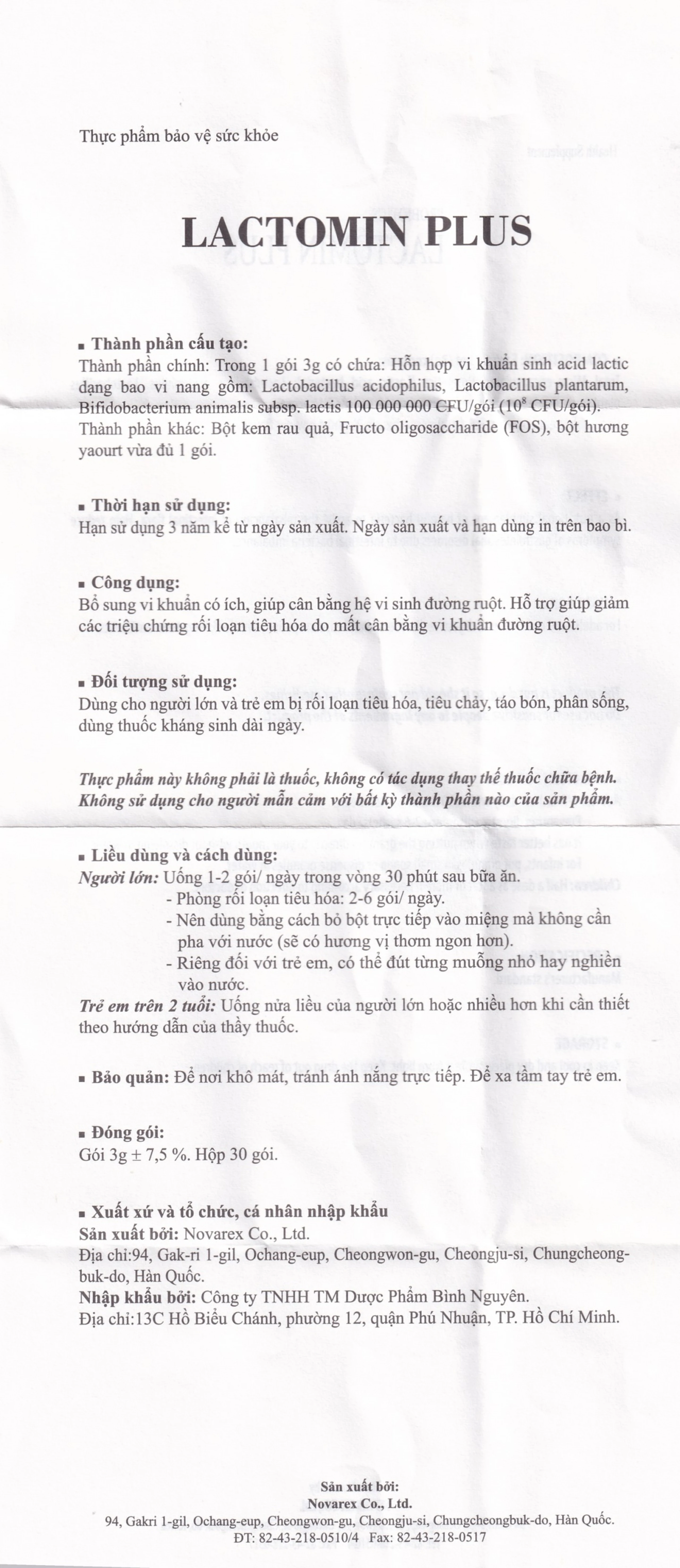 Cốm bổ sung lợi khuẩn Lactomin Plus Novarex (30 gói)