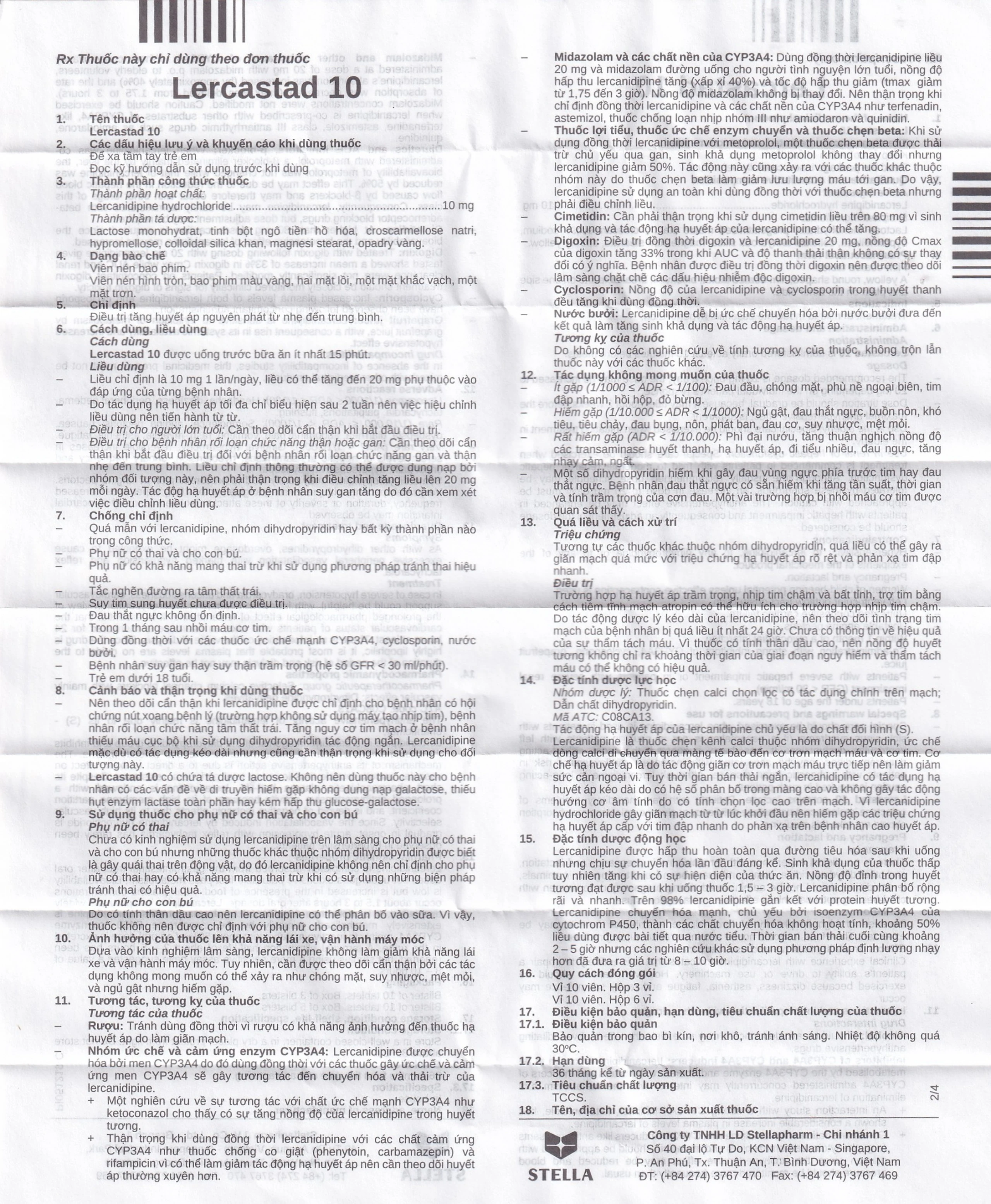 Viên nén Lercastad 10 Stella điều trị tăng huyết áp nguyên phát từ nhẹ đến trung bình (6 vỉ x 10 viên)