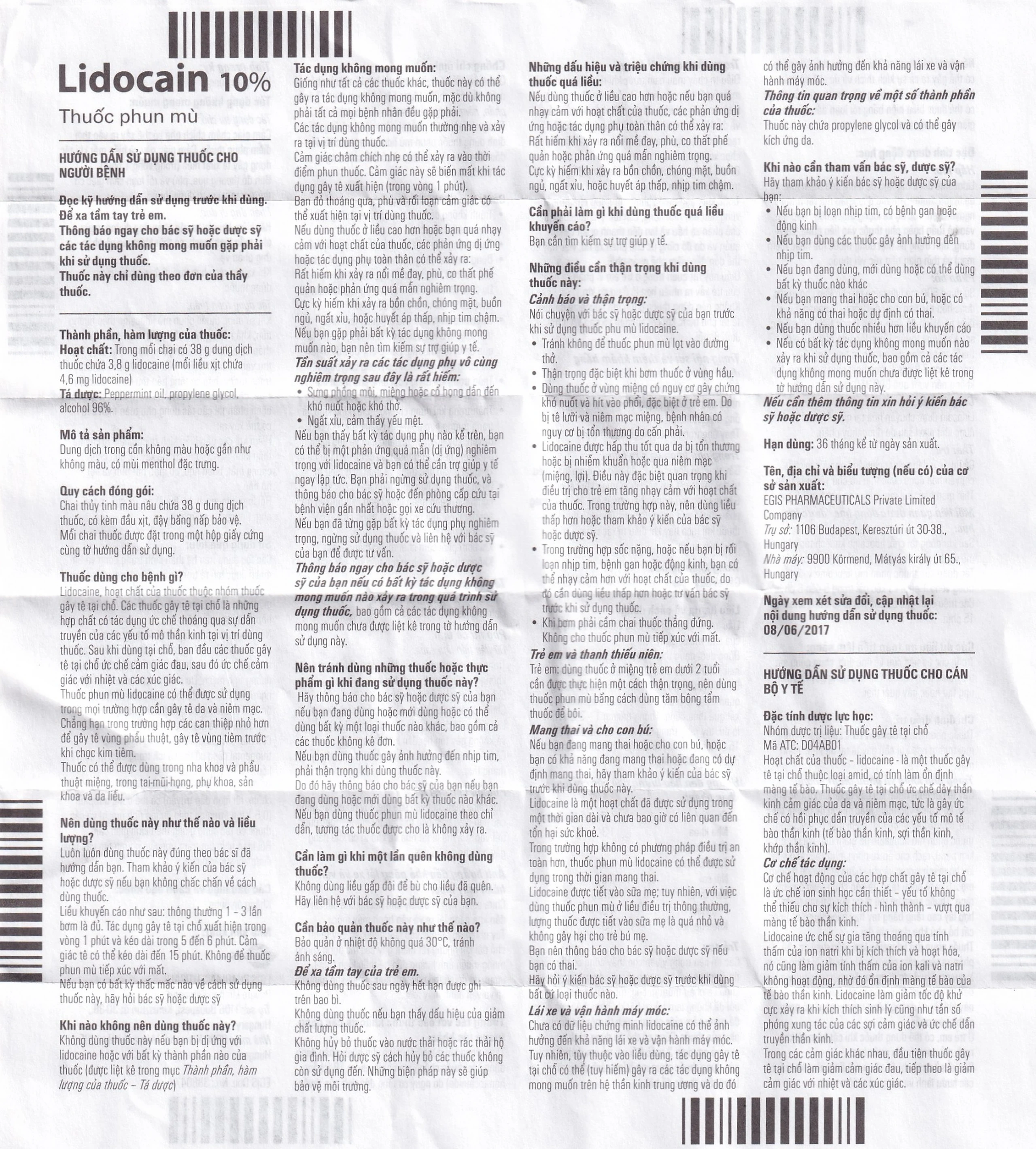 Thuốc phun mù Lidocain 10% Egis dùng trong chỉ định gây tê tại chỗ (38g)