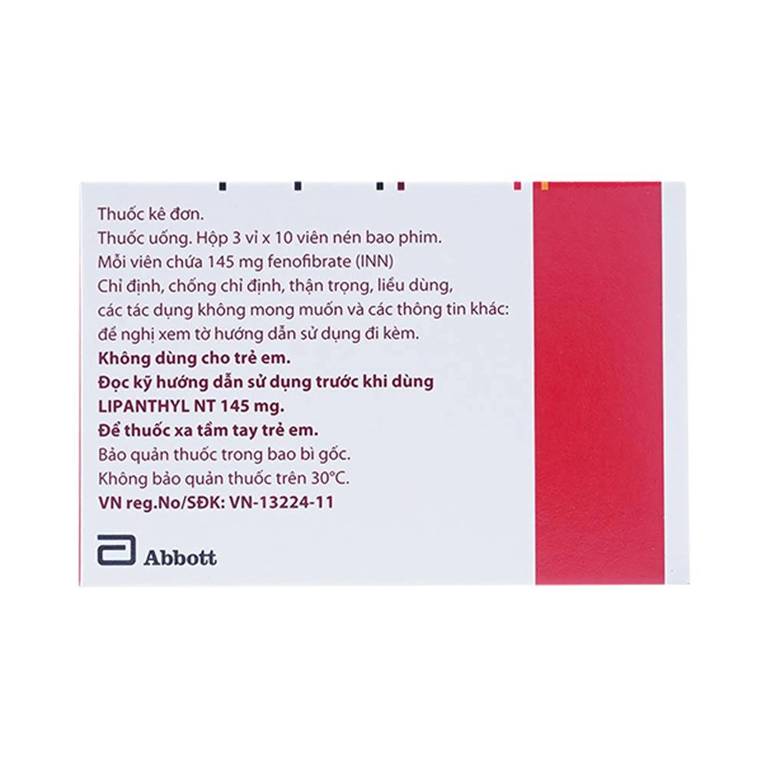 Thuốc Lipanthyl NT 145mg Abbott hỗ trợ giảm cholesterol máu và tiến triển bệnh võng mạc đái tháo đường (3 vỉ x 10 viên)