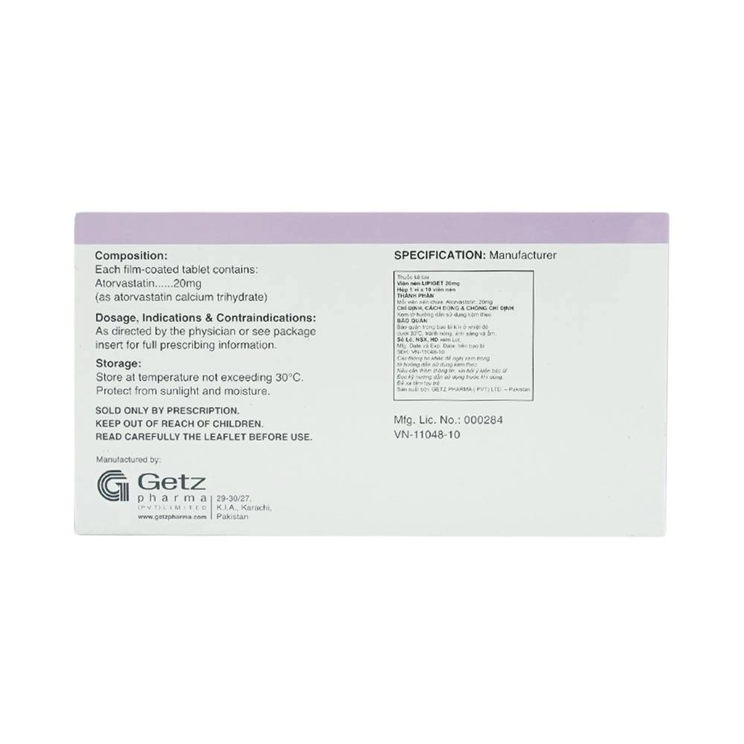 Thuốc Lipiget 20mg Getz hỗ trợ chế độ ăn kiêng trong giảm cholesterol toàn phần (1 vỉ x 10 viên)