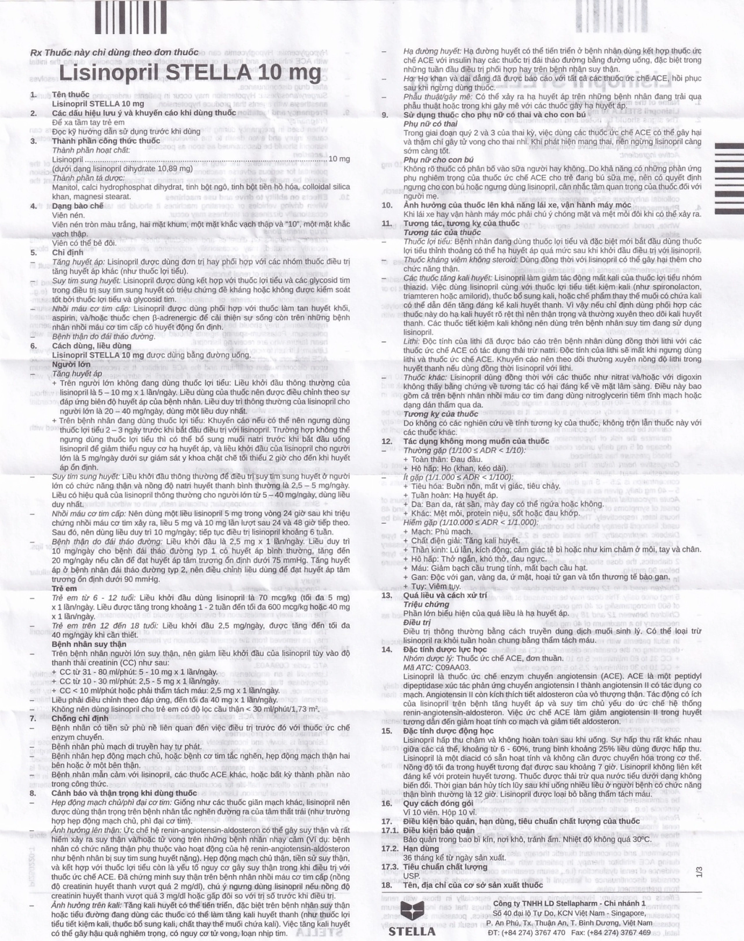 Viên nén Lisinopril Stella 10mg điều trị tăng huyết áp, suy tim sung huyết (10 vỉ x 10 viên)
