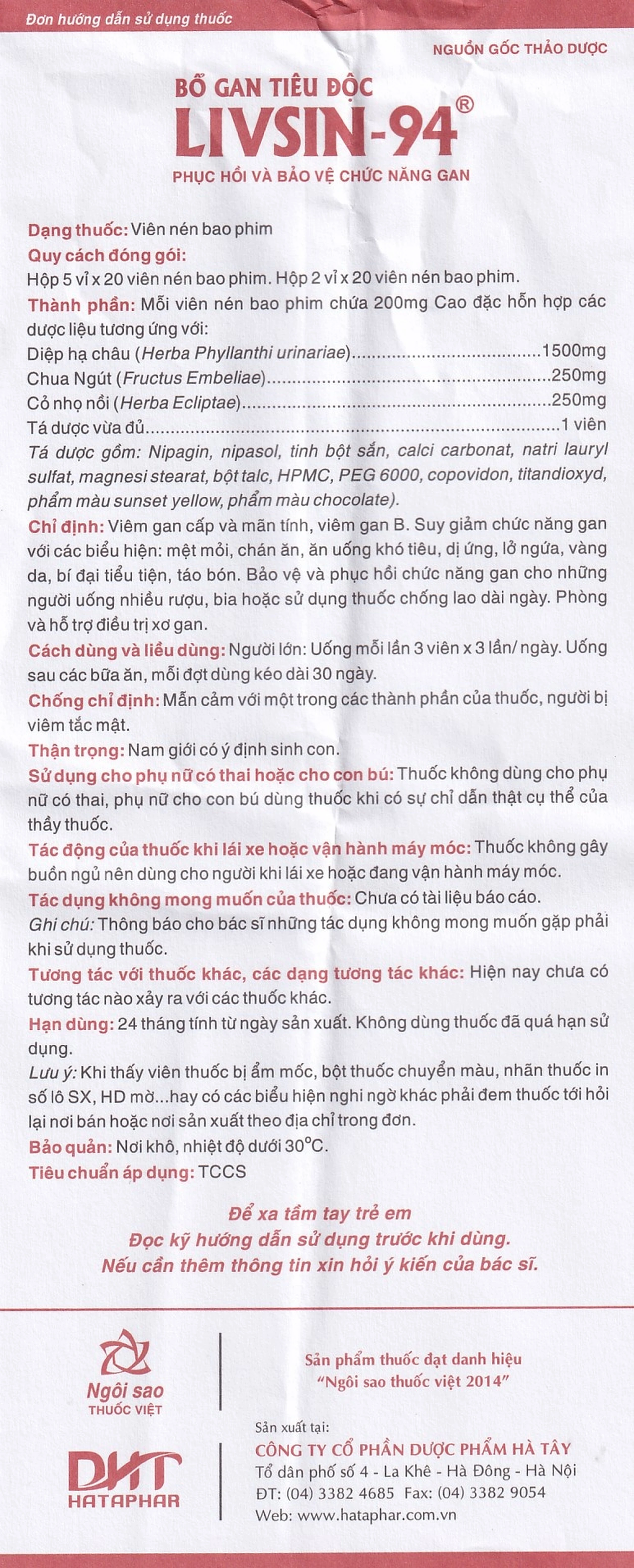 Viên nén Livsin-94 Hà Tây điều trị viêm gan cấp và mãn tính, suy gan (2 vỉ x 20 viên)
