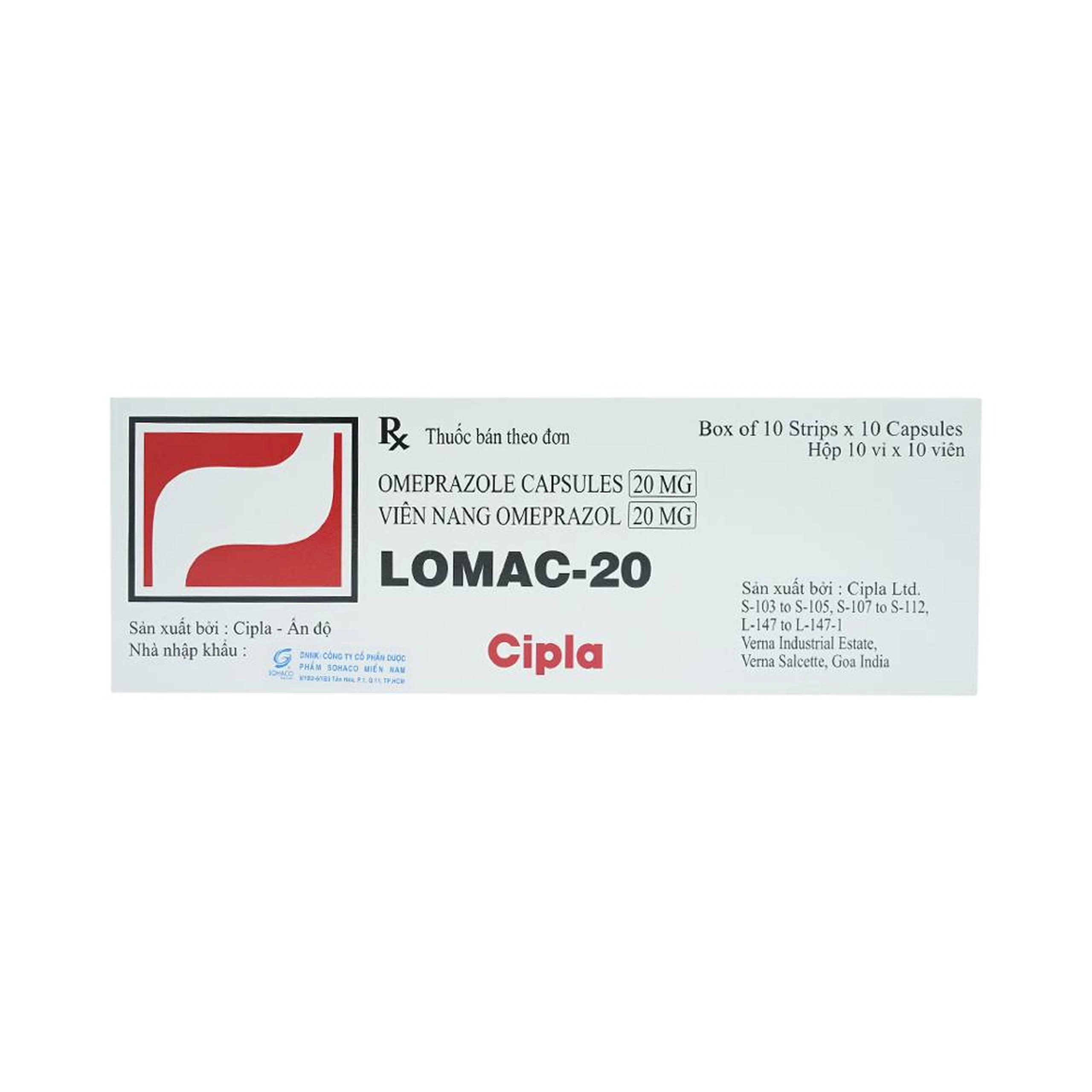 Thuốc Lomac-20 Cipla điều trị viêm loét dạ dày - tá tràng, trào ngược thực quản (10 vỉ x 10 viên)